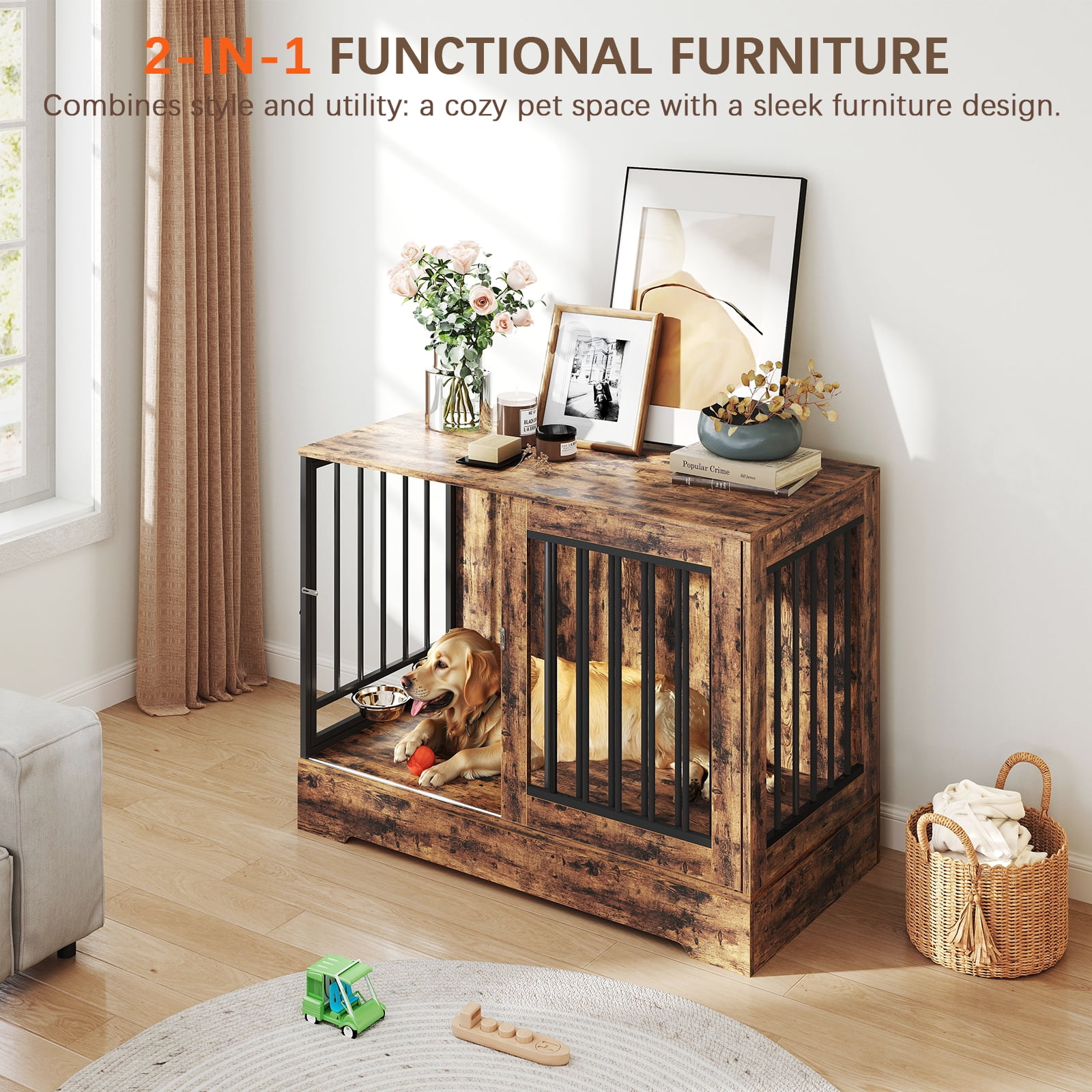 SUGIFT 47" Wooden Dog Crate Furniture with Double Doors, Rustic Brown Indoor Dog Kennel End Table for Large Dogs - Image 5