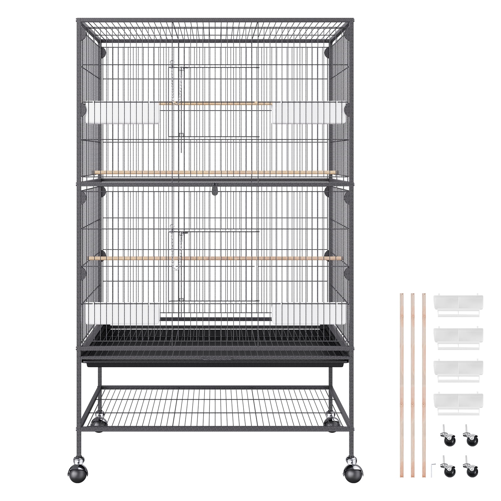 VEVOR 52'' Standing Large Bird Cage with Rolling Stand and Castor Wheels, Rolling Metal Birdcage with 3 Perches and 4 Feeders, Large Wrought Carbon Steel Birdcage for Parakeets, Pigeons, Finches - Image 8