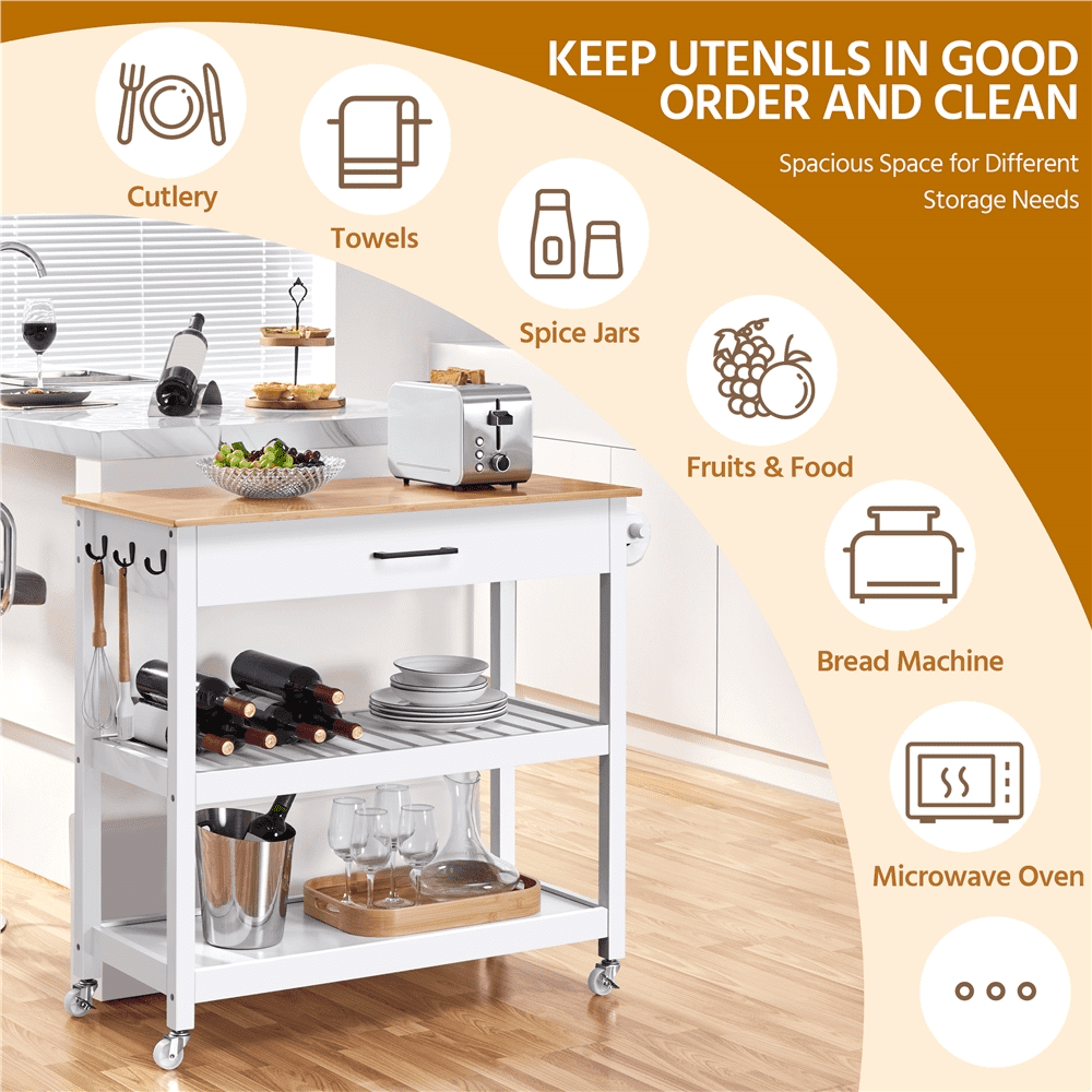 Alden Design Rolling Kitchen Island Cart with Storage & Drawer, White - Image 7