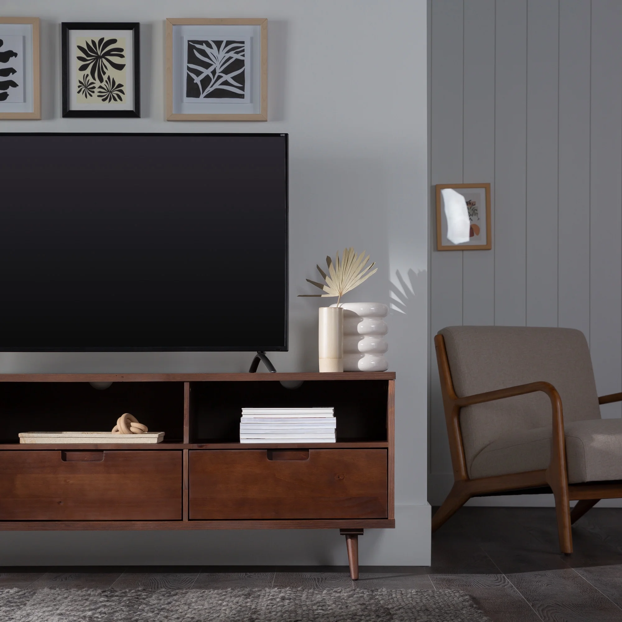 Walker Edison Modern Boho Wood 3 Drawer 70” TV Stand, Walnut - Image 5