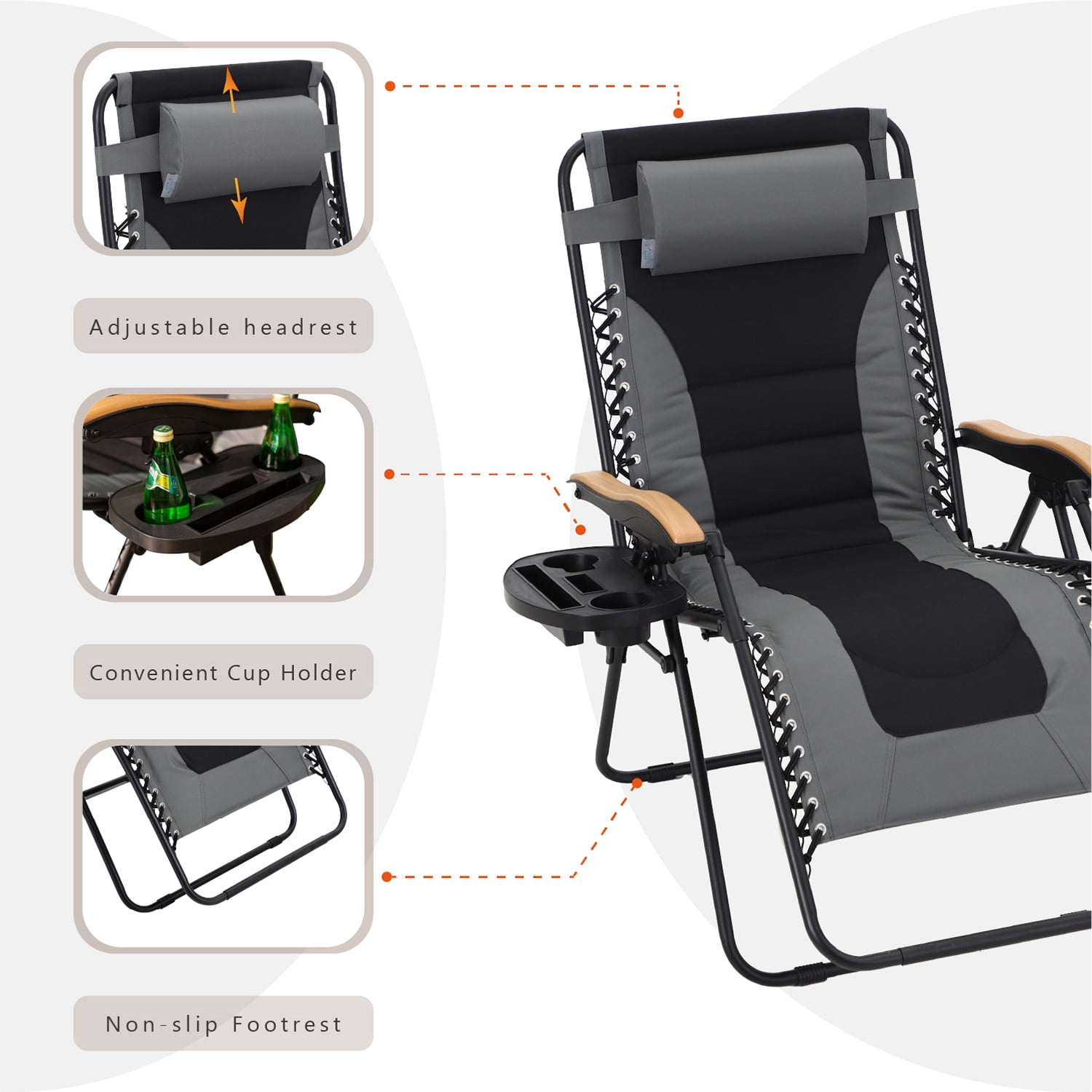 MF Studio Oversized Padded Zero Gravity Chair Adjustable Camping Lawn Chair with Cup Holder, Grey - Image 4