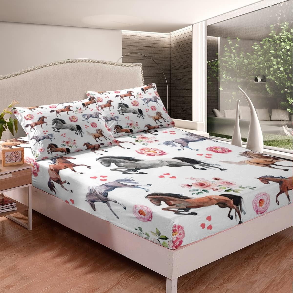 Horse Sheet Set Teens,Farmhouse Western Cowboy Cowgirls Bed Sheets Queen,Cute Love Heart Kawaii Horse Bedding Set,Rustic Pink Rose Floral Fitted Sheet + Flat Sheet + 2 Pillowcases - Image 2