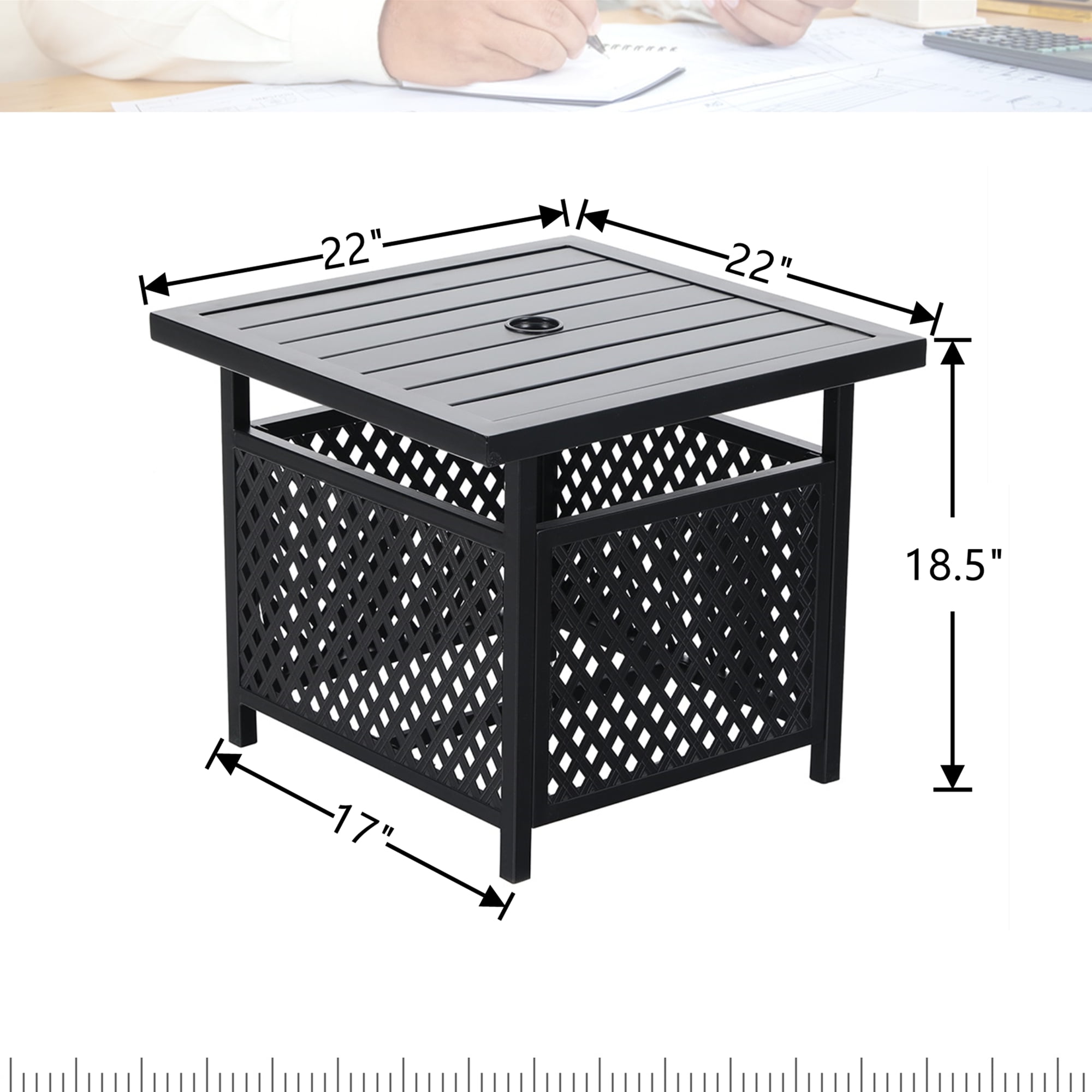 MF Studio 4-Piece Outdoor Conversation Set with 9 ft Umbrella, Side Table & Two Stack-able Chairs, Black & Beige - Image 2