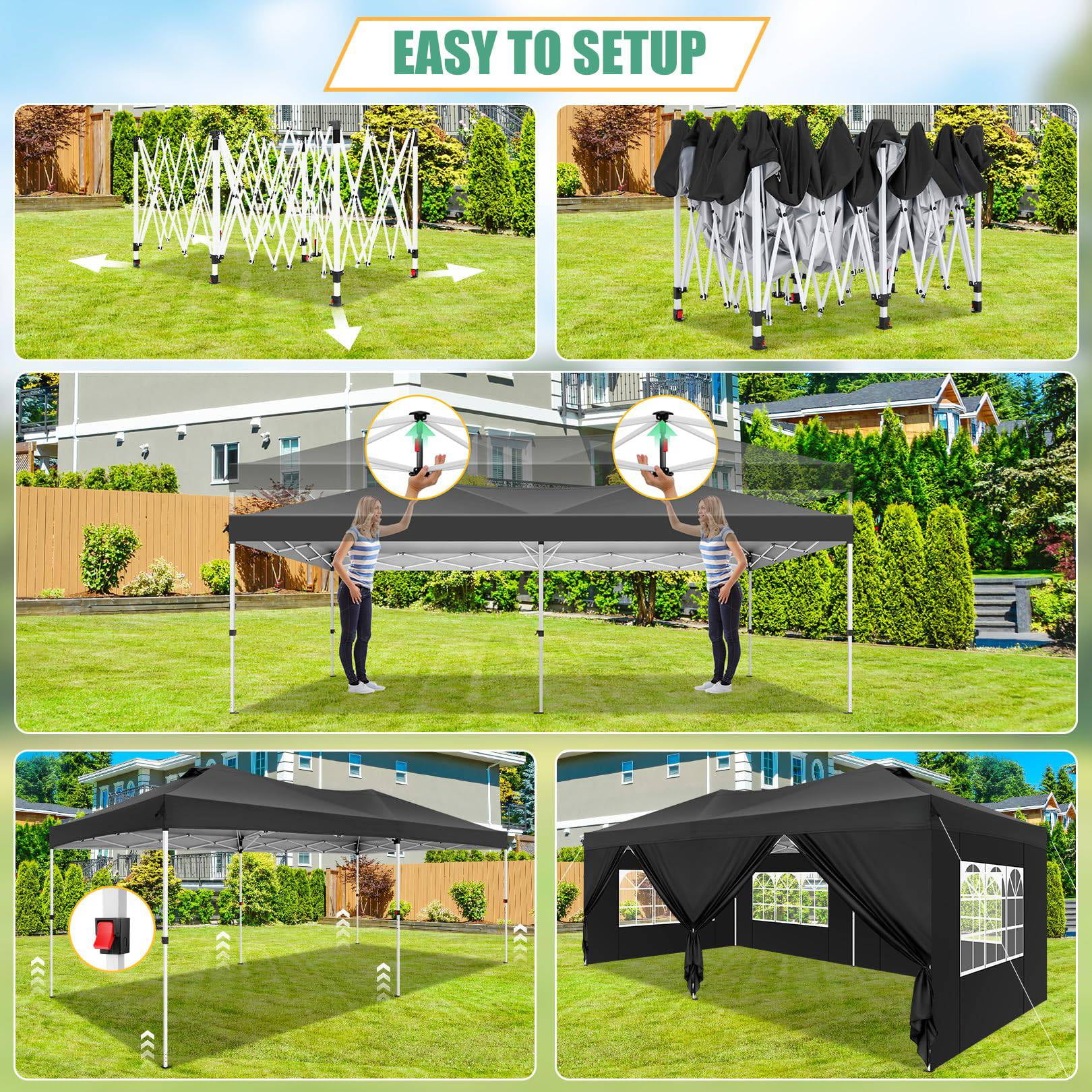 HOTEEL 10x20 Pop up Canopy Tent, Waterproof Commercial Tent with 6 Removable Sidewalls & Air Vent,One Push Setup Outdoor Sun Shelter Gazebo for Parties, Wedding, Black - Image 3