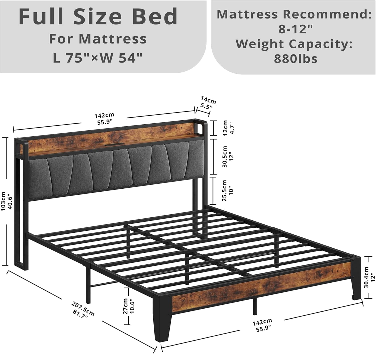 LIKIMIO Full Bed Frame, Storage Headboard with Charging Station, Solid and Stable, Noise Free, No Box Spring Needed, Easy Assembly - Image 6