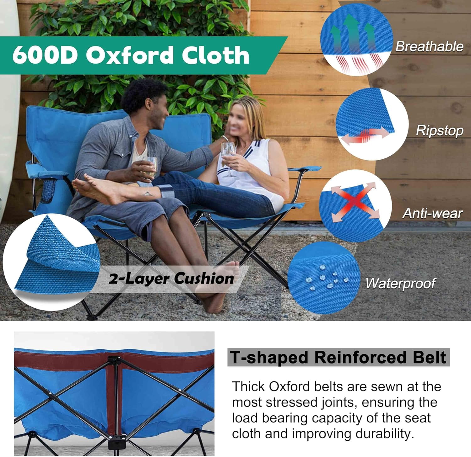 Double Camping Chair, Outdoor Folding Loveseat Chair Supports 500 LBS, Portable Oversized Lawn Chair with Cup Holders for Backpacking Hiking Picnic, Sturdy Steel Frame & 600D Oxford Fabric - Image 10