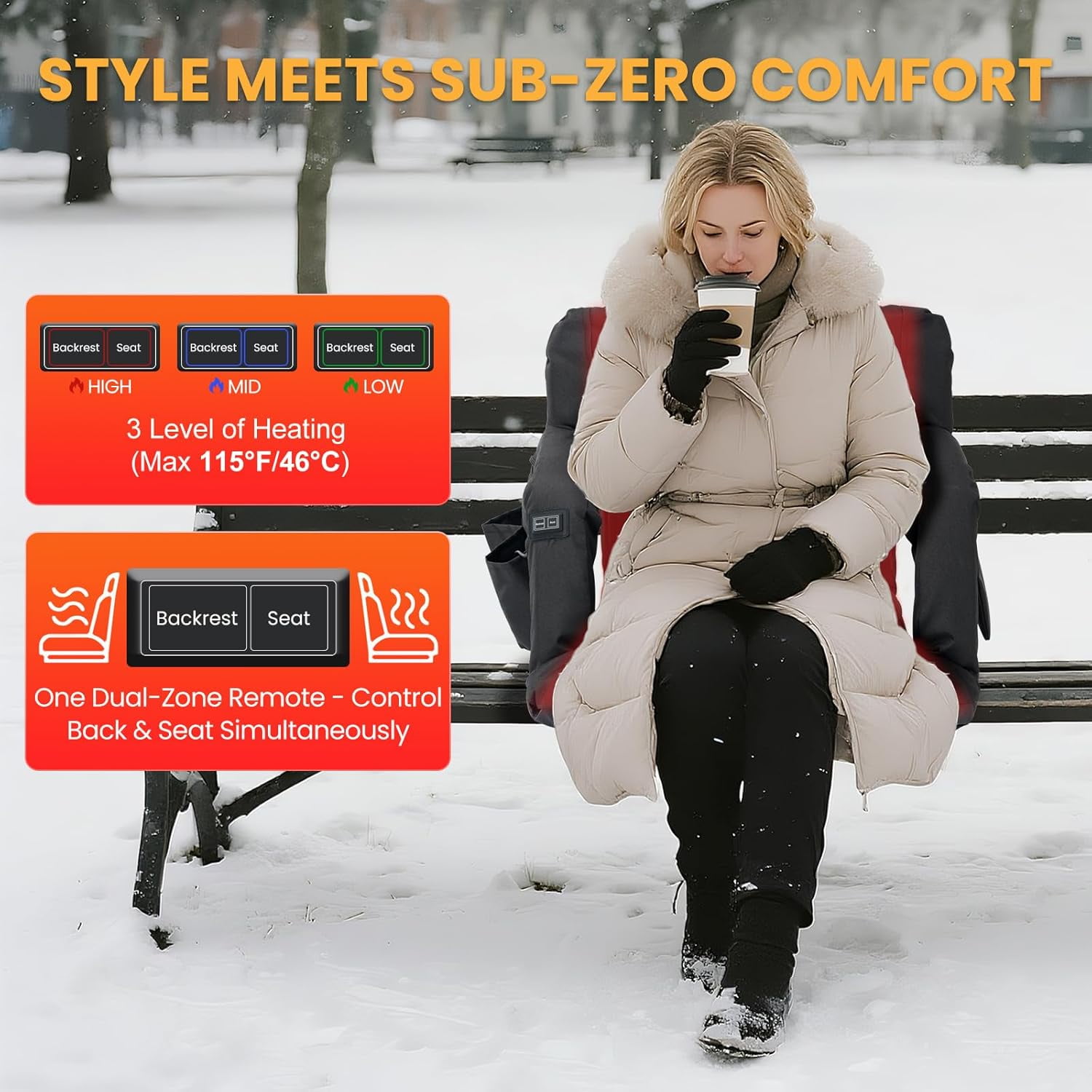 ABORON 21" Wide Heated Stadium Seat with Back Support - 5.12" Thick Bleacher Chair Cushion, 3 Heat Settings, 6 Reclining Positions, Waterproof & Portable - for Sports Games, Camping, Outdoor Events - Image 5