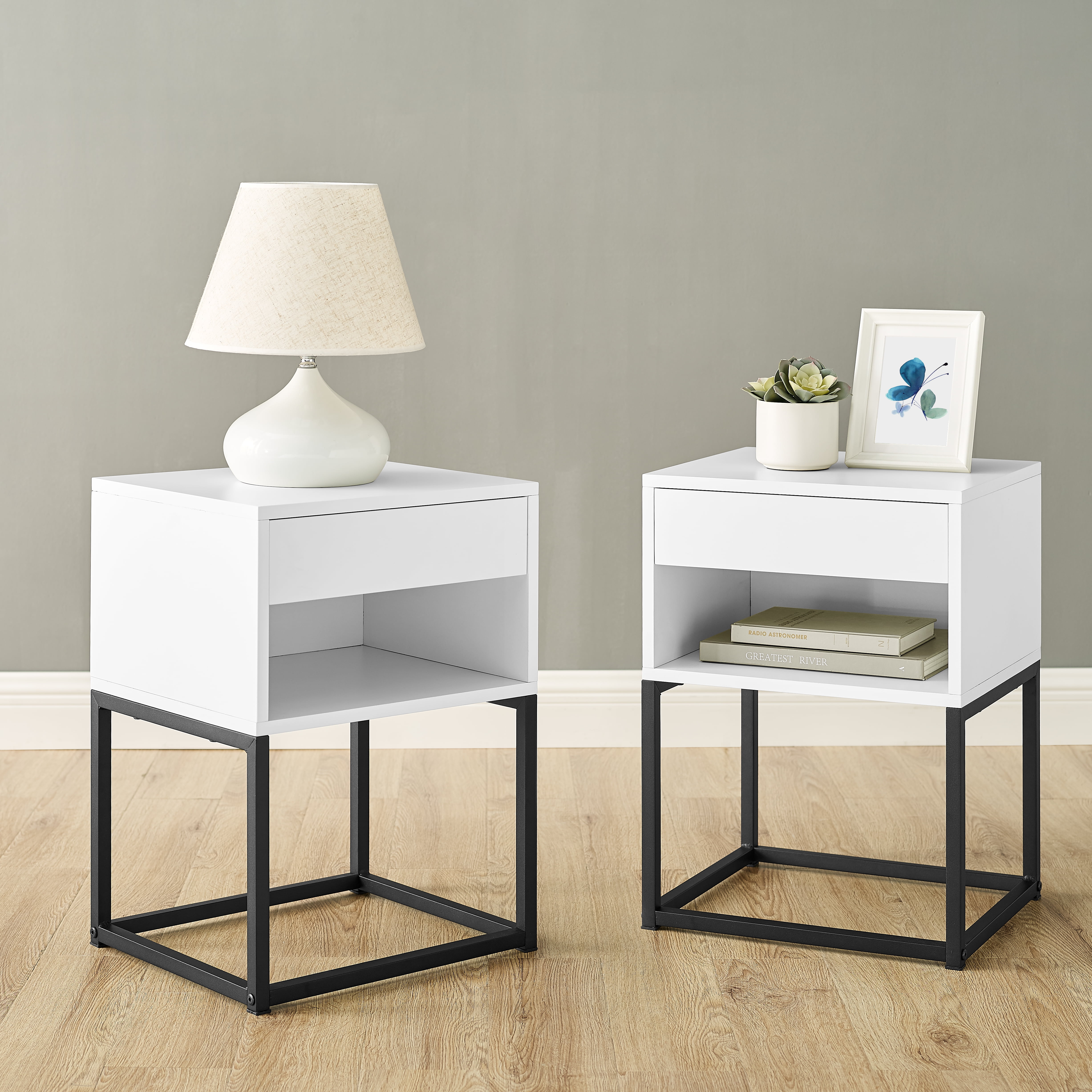 MUSEHOMEINC End Table with drawer and shelf, Metal Legs - White Finish - Image 7