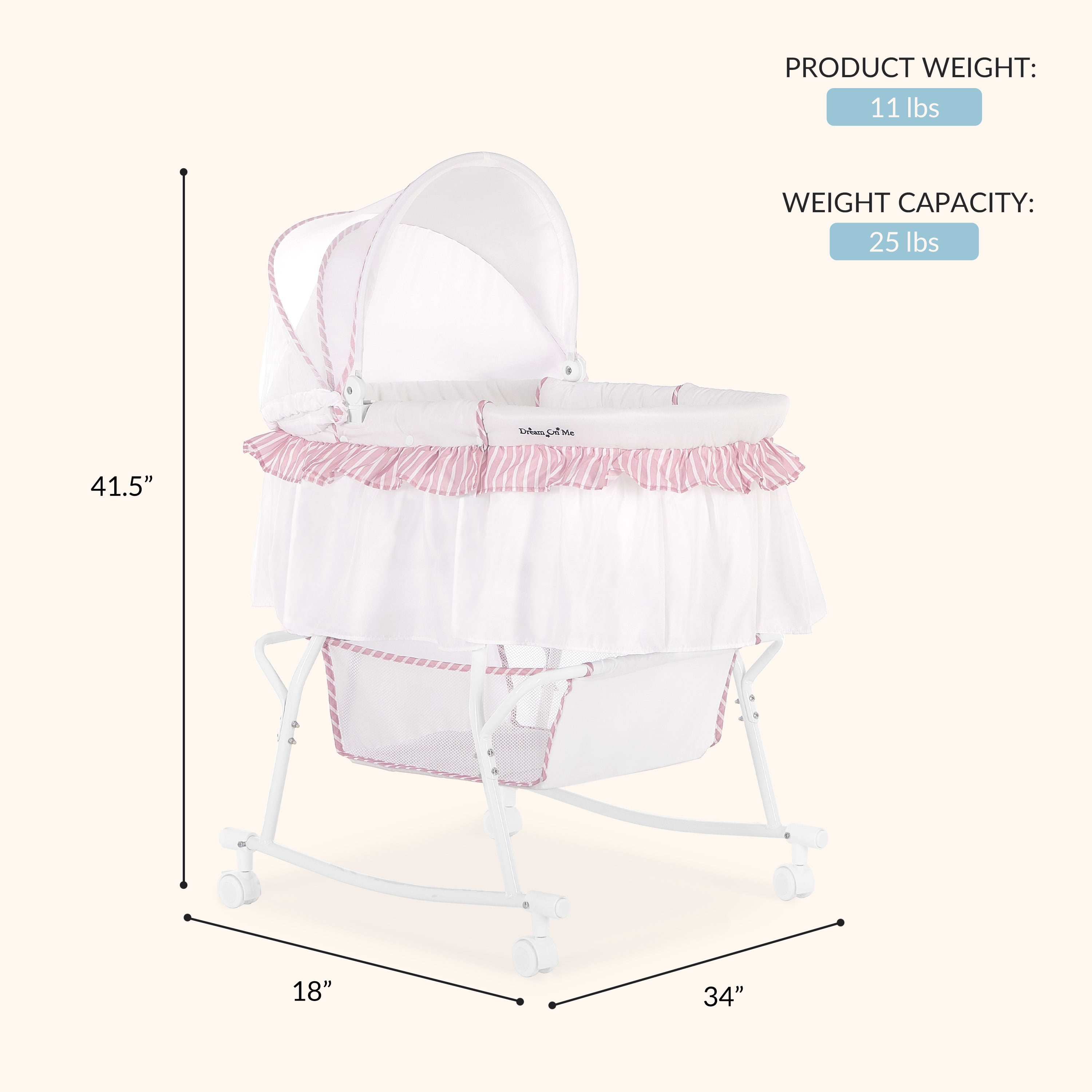 Dream On Me Lacy Portable 2-in-1 Bassinet & Cradle in Pink and White, Lightweight Baby Bassinet - Image 2