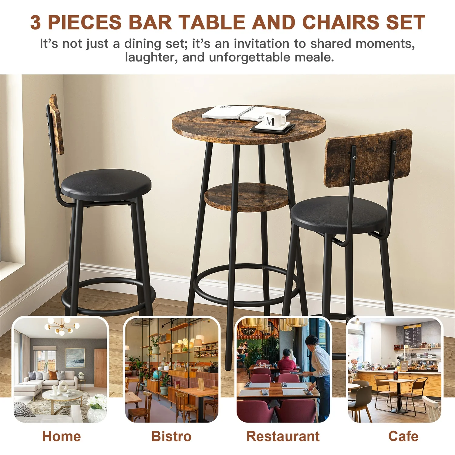 Hommoo 3-Piece Dining Round Table and Chairs Set, Industrial Bar Table Set Kitchen Table and 2 Stools on Breakfast Nook, Rustic Brown - Image 3