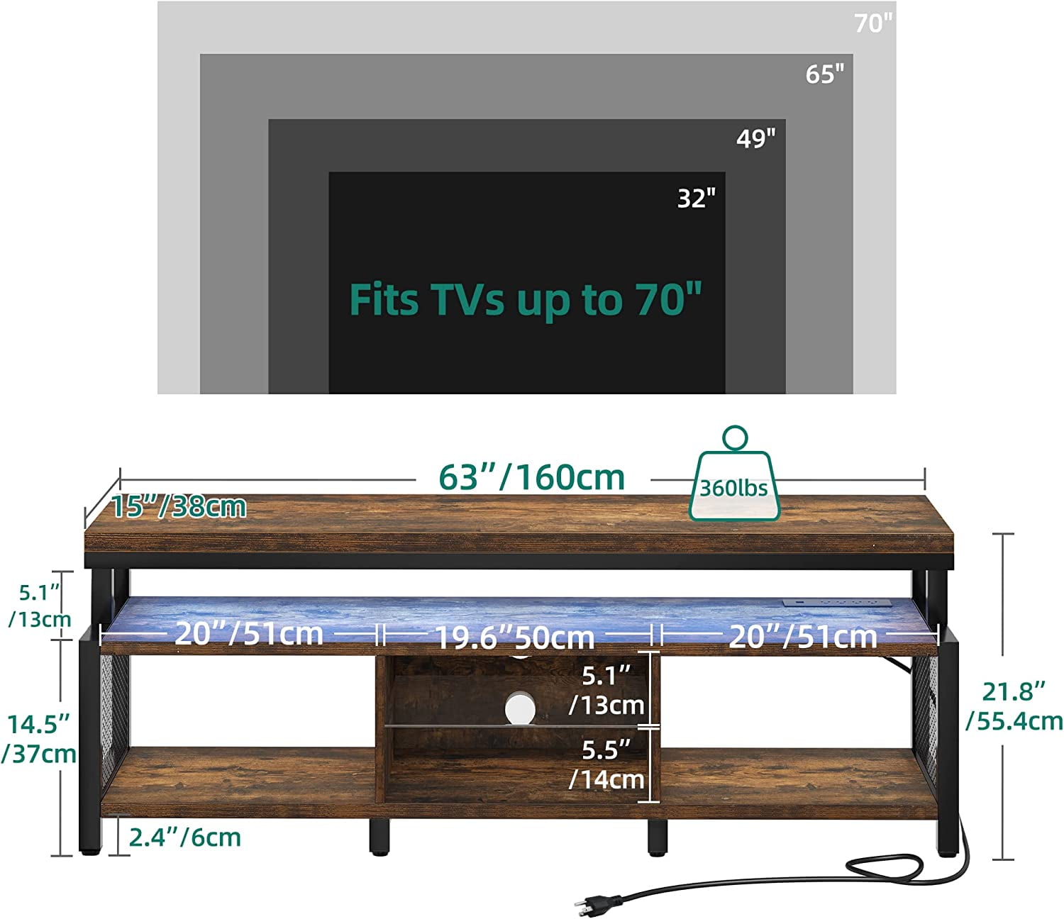 Dexturs LED TV Stands w/Power Outlets, Industrial TV Stand for 55/60/65/70 inch, Retro Brown - Image 7