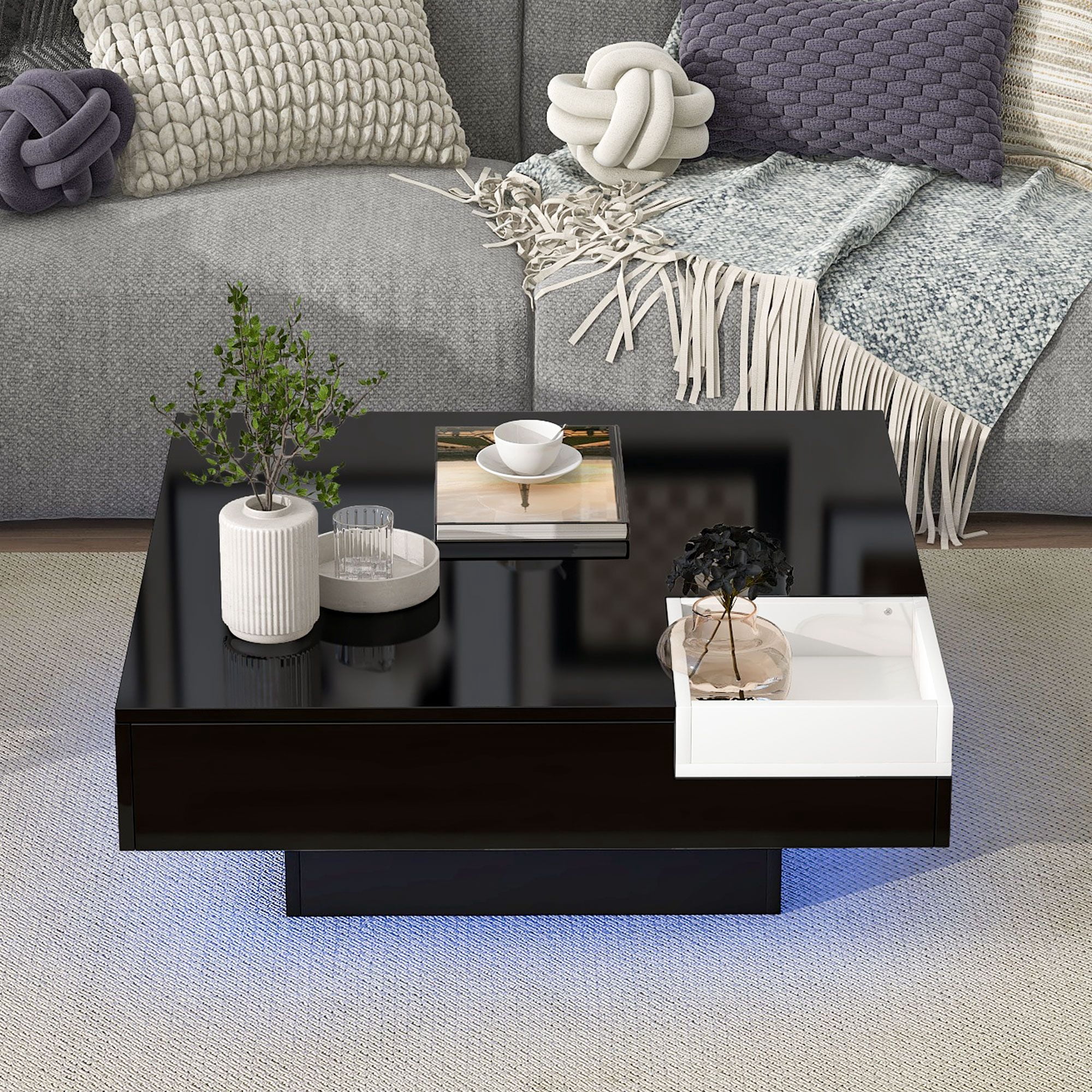 Aukfa LED Coffee Table Cocktail Table with Detachable Tray - End Table with16-Color LED Light for Living Room - Black - Image 2