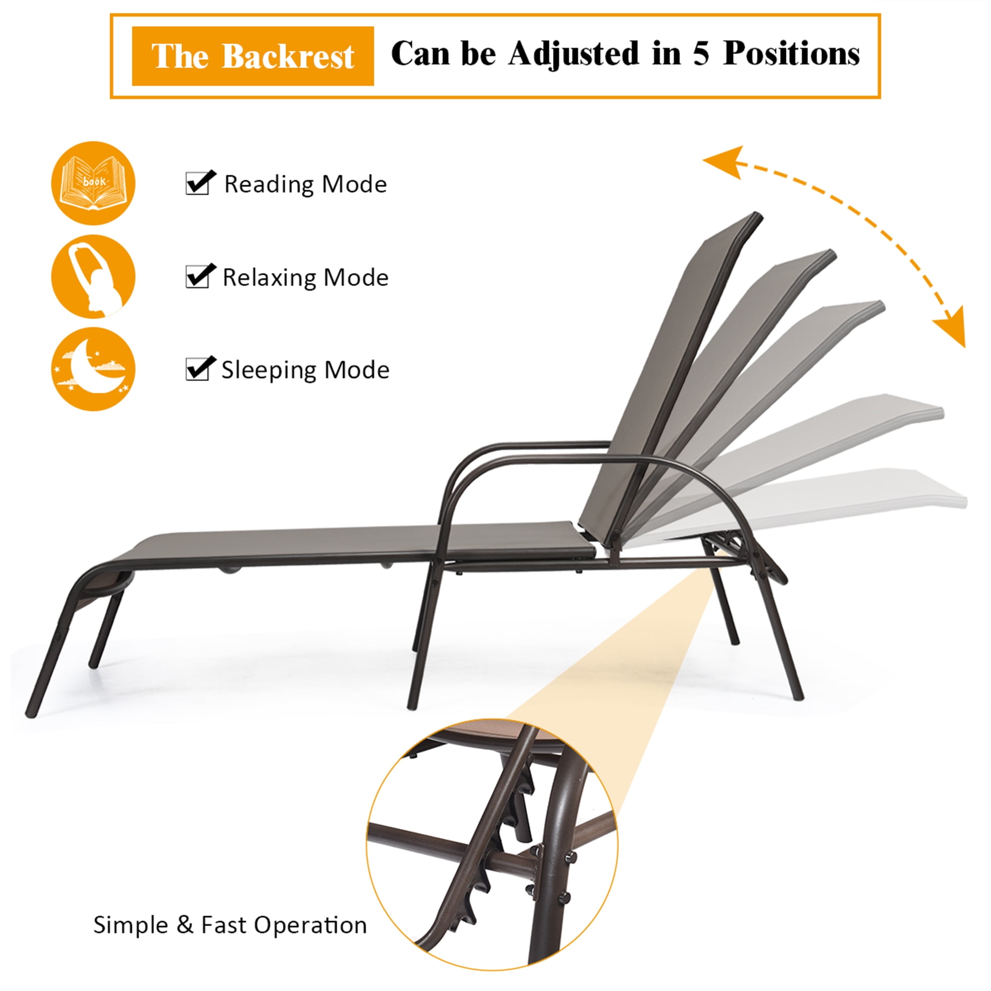 Gymax Adjustable Chaise Lounge Chair Recliner Patio Yard Outdoor w/ Armrest Brown - Image 2
