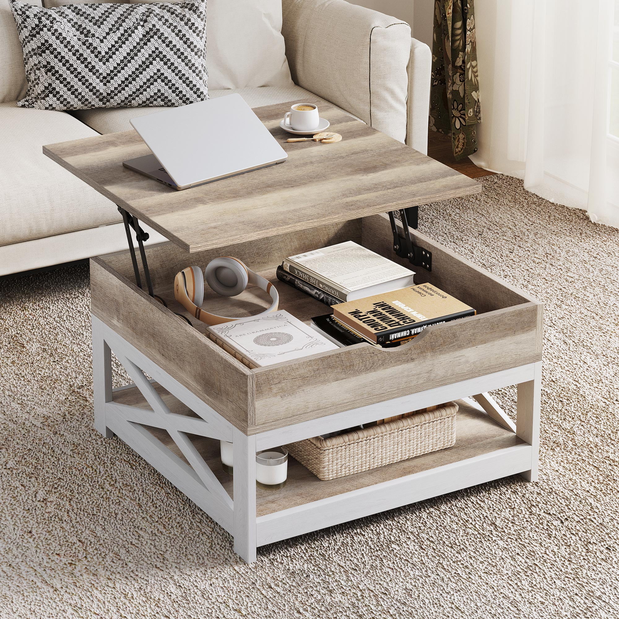 Dextrus Farmhouse Square Coffee Table with Storage for Living Room, Lift Top Center Table, Gray Wash - Image 4