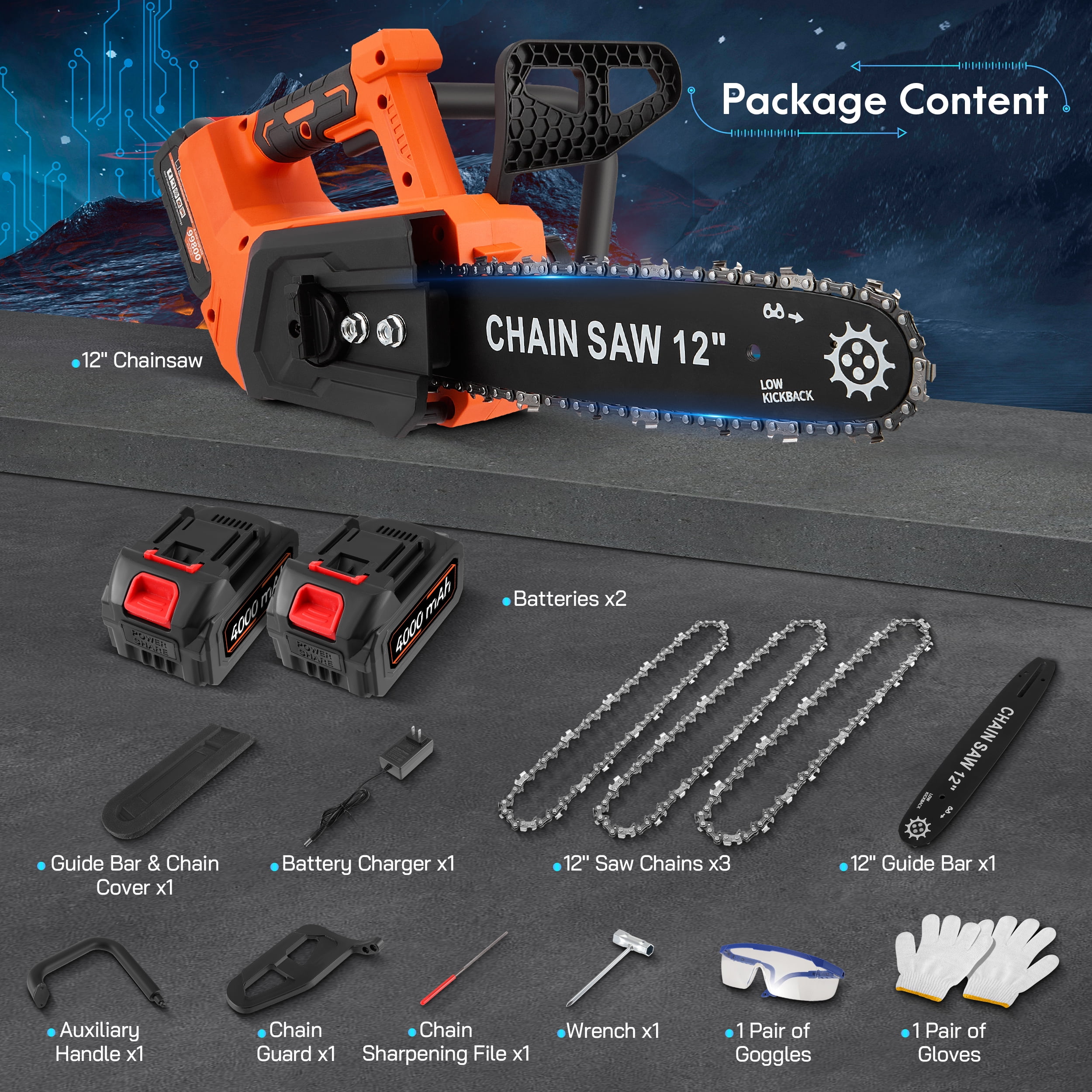RELOIVE 12" Chainsaw, Cordless battery Chainsaw with 2x 4.0Ah Batteries , Electric Chainsaw with 1200W Brushless Motor, Automatic Lubrication, Power Chain Saw for Wood Cutting Tree Trimming - Image 6