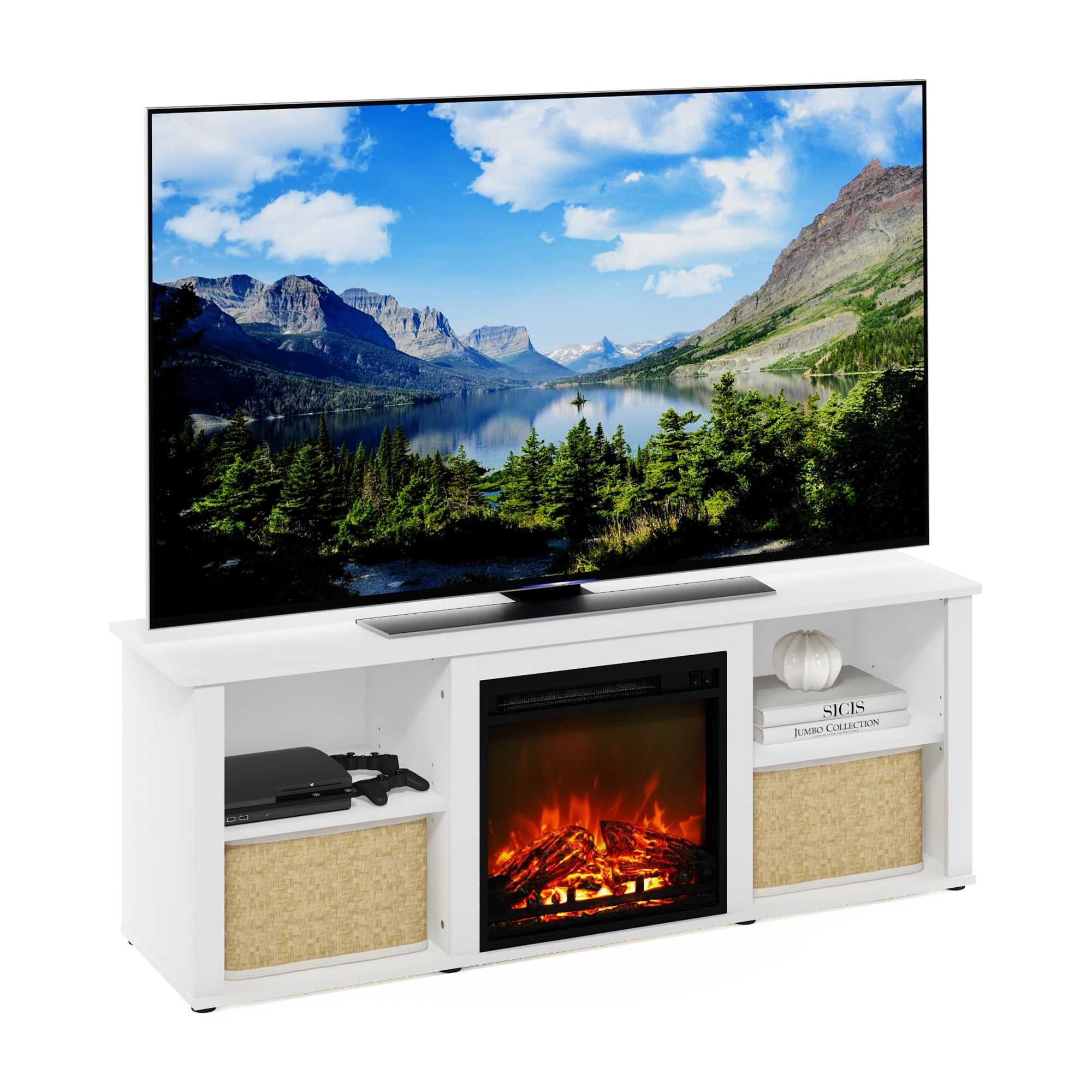 Furinno Montale 60 Inch TV Stand with Fireplace, Solid White - Image 2