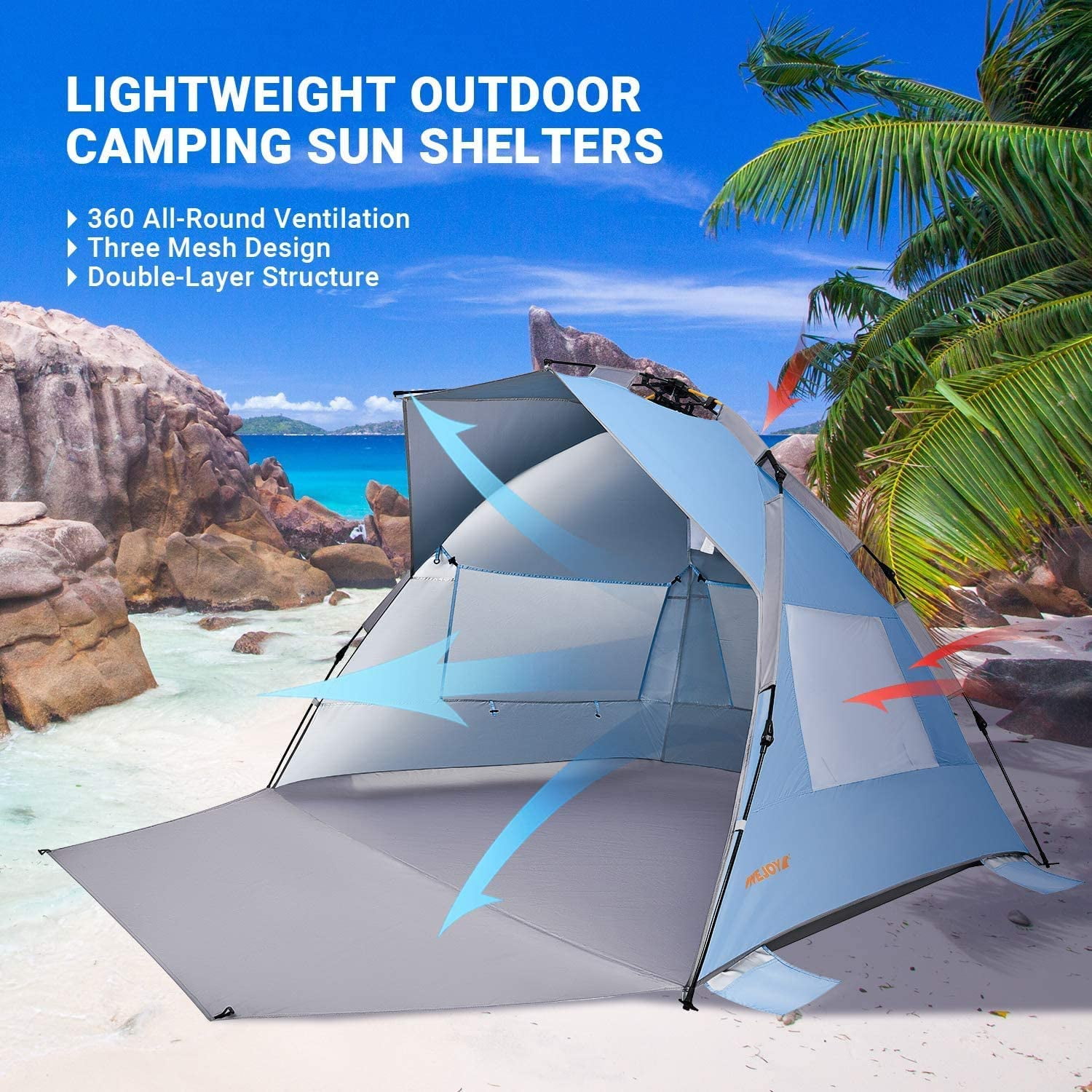 #WEJOY Pop Up Beach Tent Sun Shade Tent with UV Protection Extended Porch 3 Mesh Windows Blue - Image 4