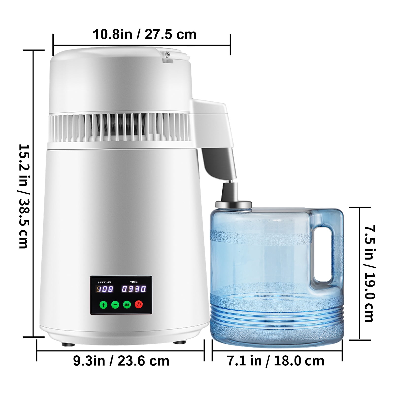 KFFKFF 1.1 Gallon Distiller, 0.3 Gallon/Hour, 750 Watt Distiller 0-99 Hour Timer Set Temperature Display, 304 Stainless Steel Countertop Still Carafe Cleaning Powder 3 Carbon Packets, White - Image 8