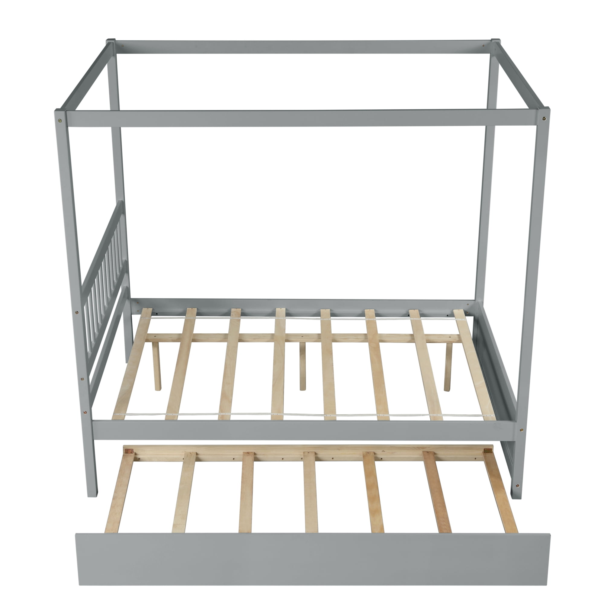 Clipeyh Full Size Gray Canopy Bed with Trundle Pinewood Platform Frame - Image 6