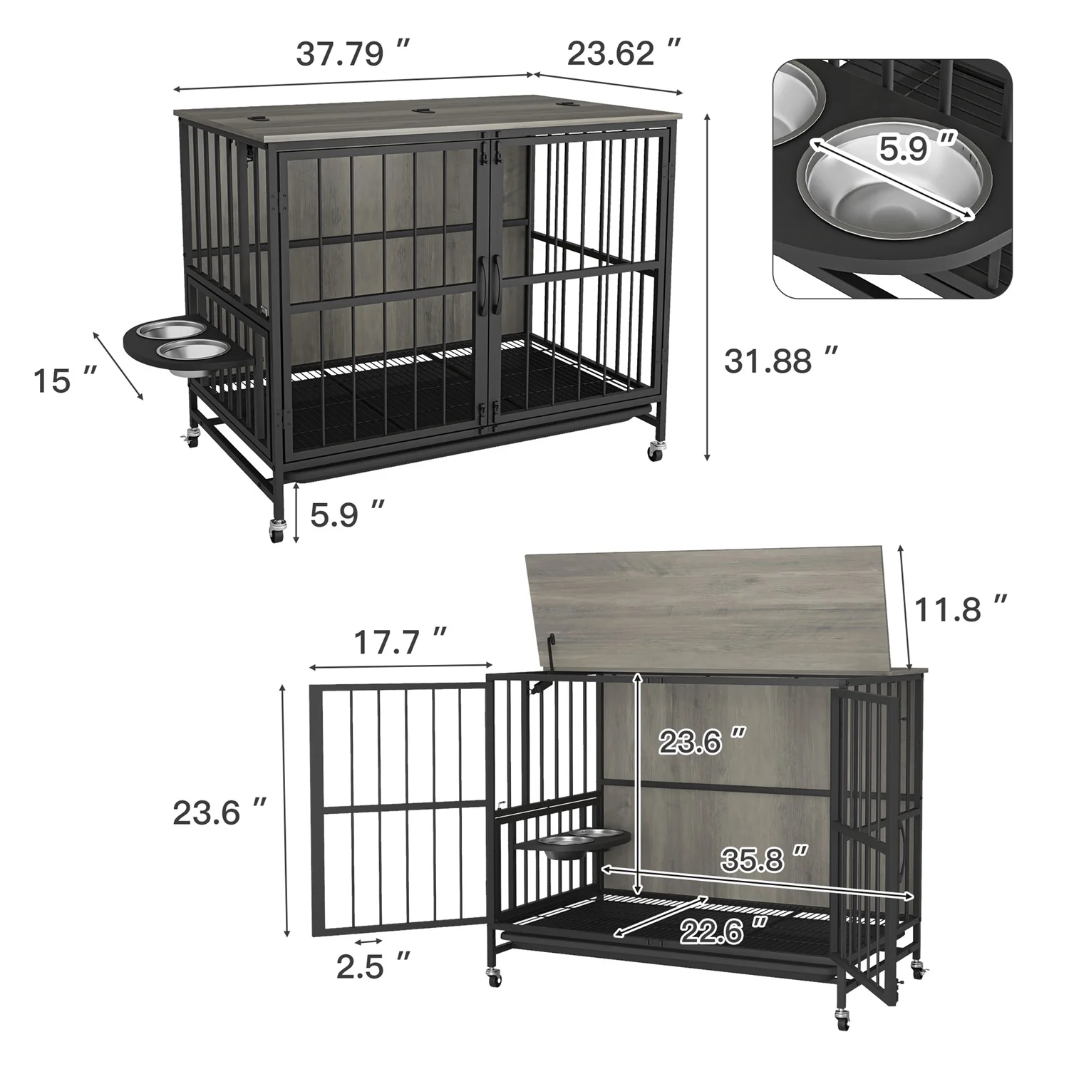 Hommoo Modern Kennel Dogs Room, Double-Door Dog House with Removable Tray、lift Panel、Adjustable Feeding Bowls, Dog Crate Cage for up to 80 LB, Grey - Image 5