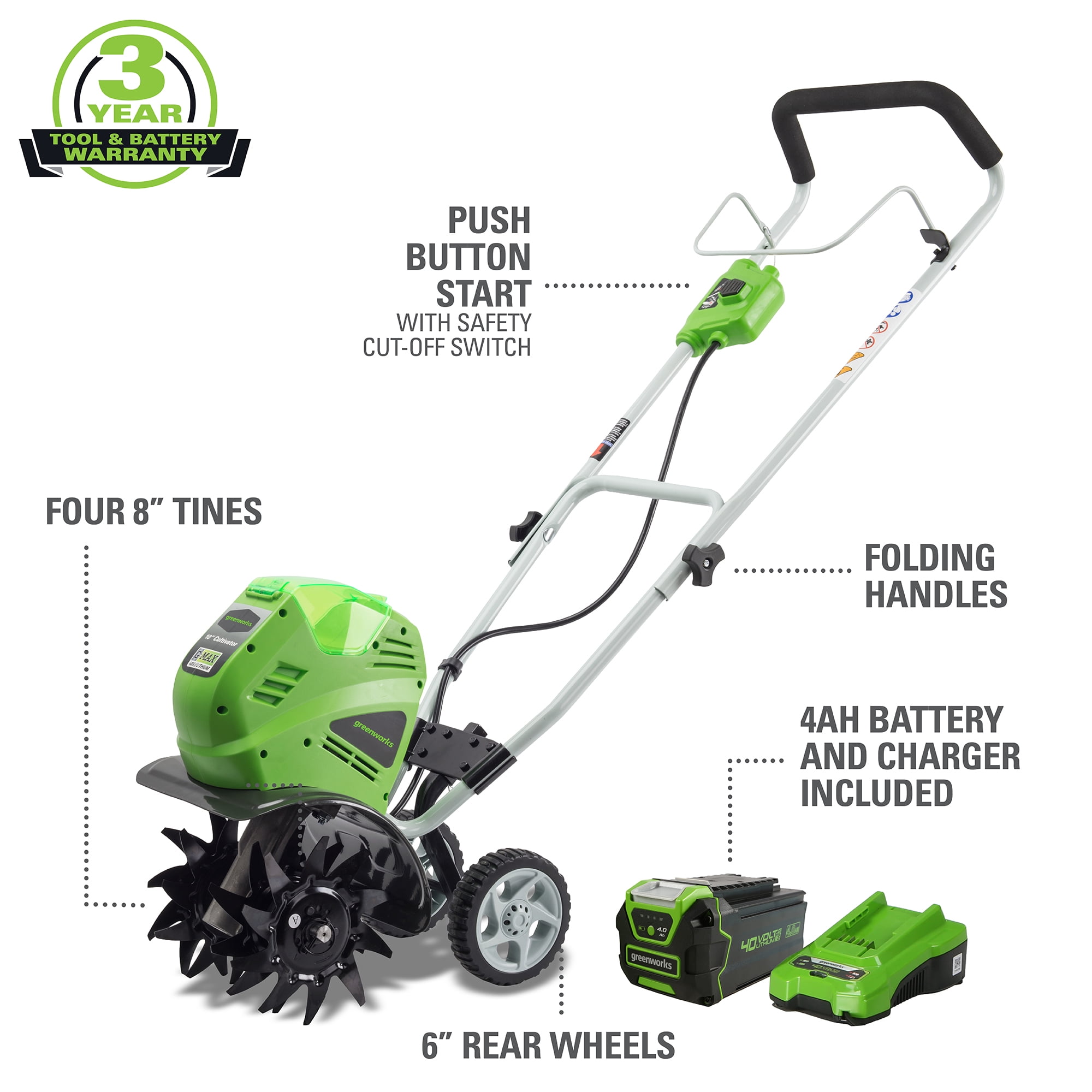 Greenworks 40V 10" Cordless Cultivator/Tiller with 4.0Ah Battery & Charger 27062 - Image 13