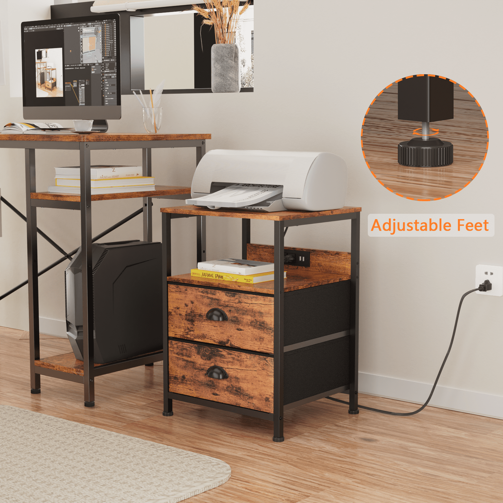 Furologee Set of 2 Nightstands, End Table with Charging Station, Bedside Tables with 2 Fabric Drawers, Night Stands with USB Ports & Power Outlets for Bedroom/Living Room/Hallway - Image 6