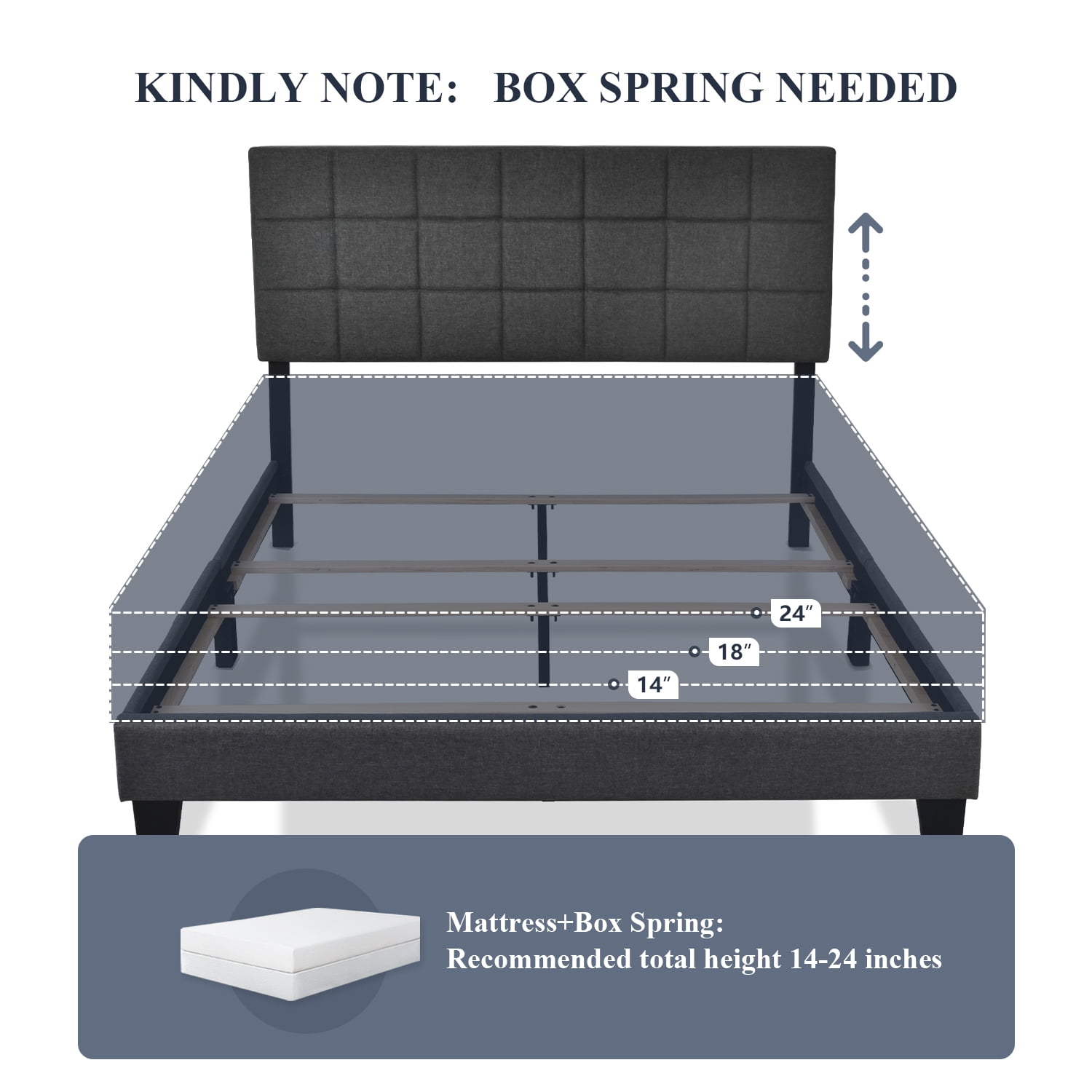 Allewie Queen Size Panel Platform Bed Frame with Adjustable High Upholstered Headboard, Grey - Image 10