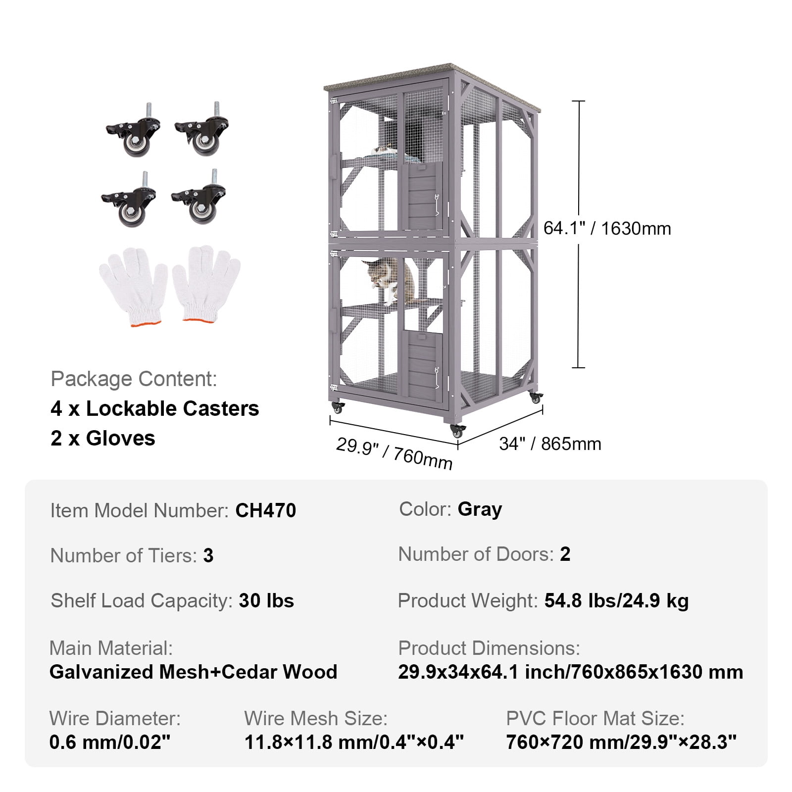 VEVOR Cat House Outdoor, 3-Tier Large Catio, Cat Enclosure with 360° Rotating Casters, 2 Platforms, A Resting Box and Large Front Door, 29.9 x 34 x 64.1 inch - Image 3