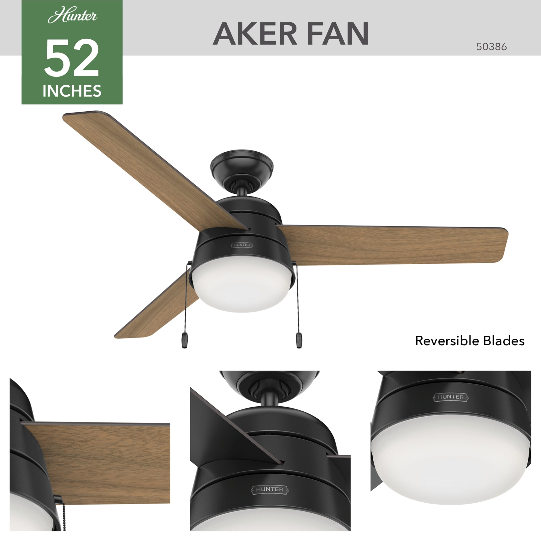 Hunter - Aker Indoor/Outdoor Ceiling Fan With Light, 52-inch, Matte Black, Casual-style, 3-speed WhisperWind Motor, 50386, for Porches, Bathrooms - Image 5