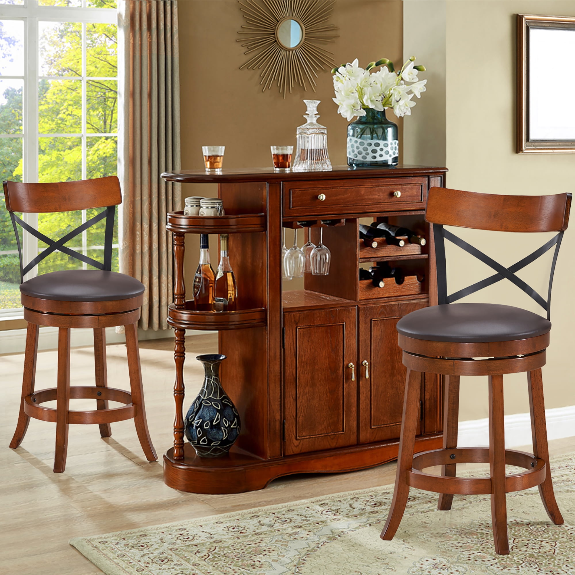 Costway Set of 2 Bar Stools Swivel 25'' Dining Bar Chairs with Rubber Wood Legs - Image 2