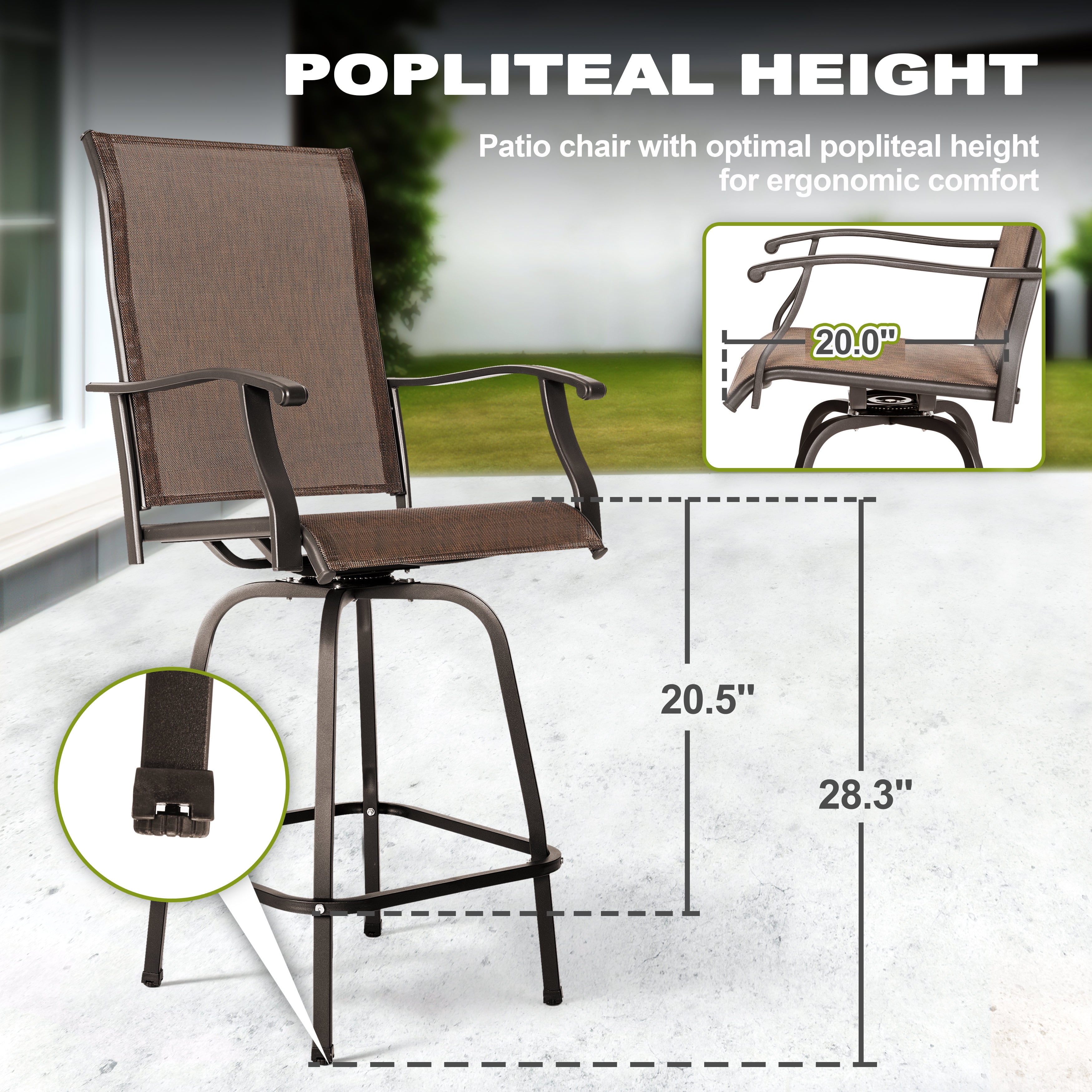 Nuu Garden Outdoor Patio Swivel Bar Stool Set, 2 Piece Seating Iron Bar Height Outdoor High Chairs with Armrests and Footrest, All-Weather Textilene, Brown - Image 7