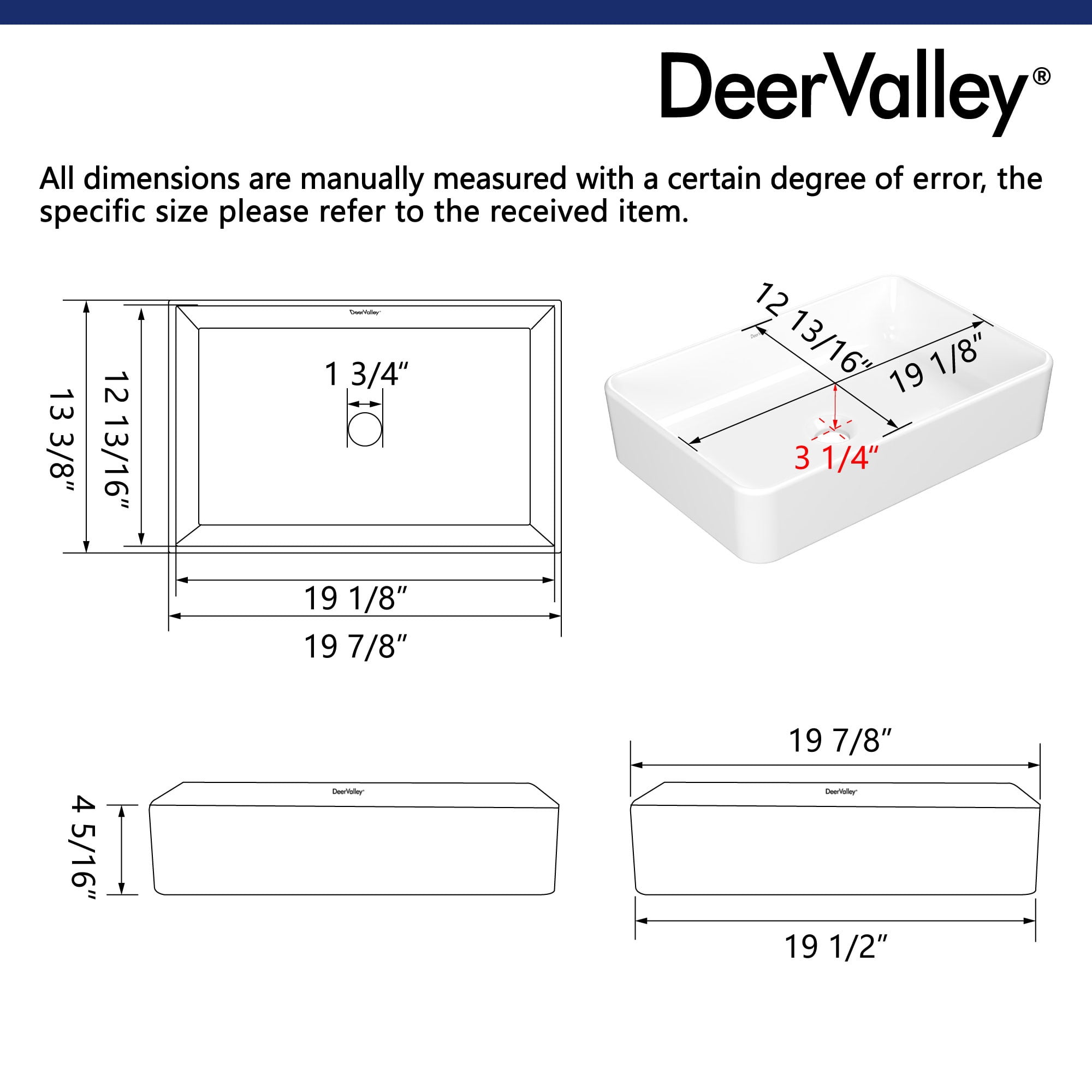 DeerValley DV-1V032 White Ceramic Rectangular Vessel Sink Above Counter White Bathroom Vanity Sink Bathroom Sink Art Basin (19.92'' L x 14'' W x 4.37'' H) - Image 2