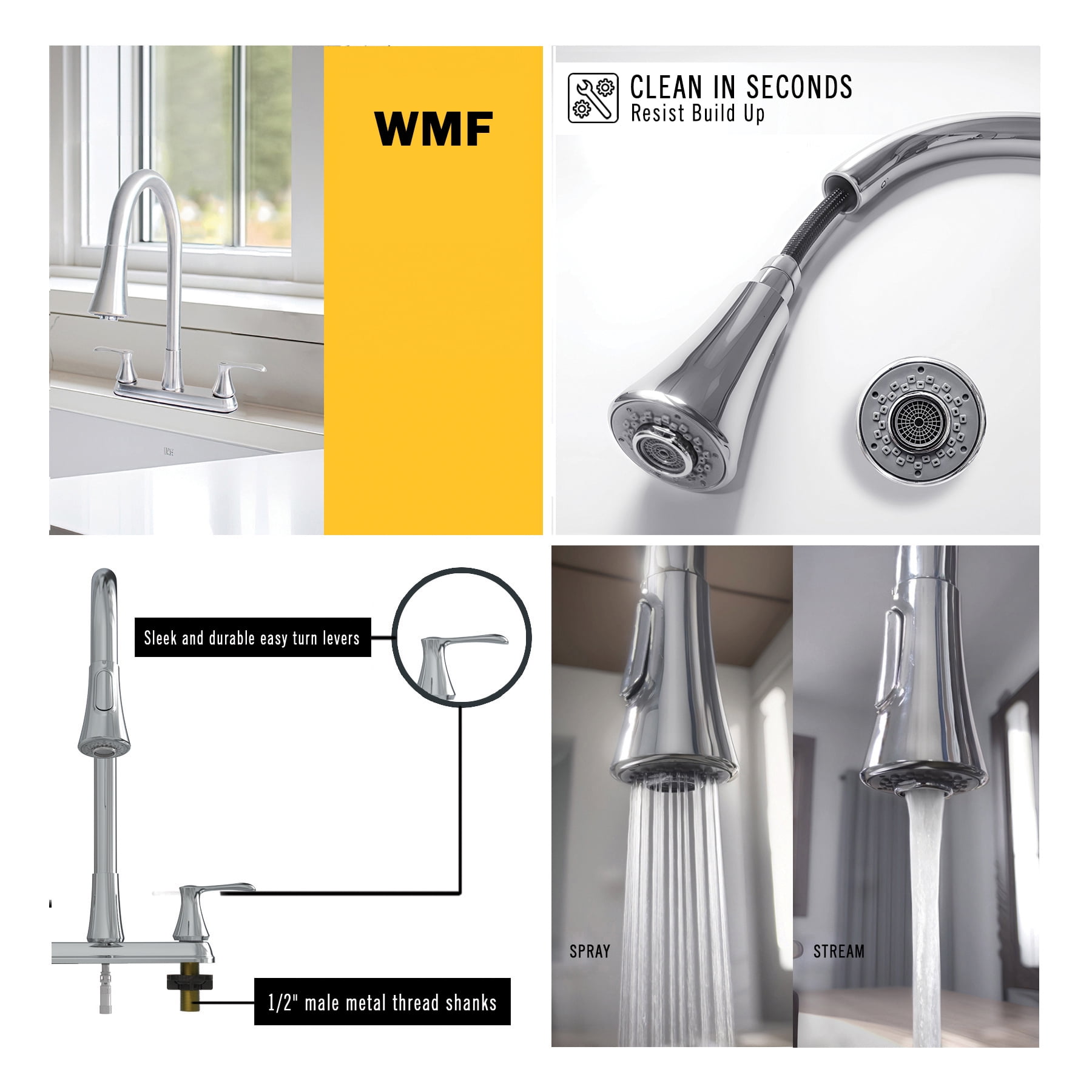 WMF-8201ZNL-CP Hybrid Metal Double Handle Kitchen Faucet with Pull Down Sprayer, Chrome - Image 10