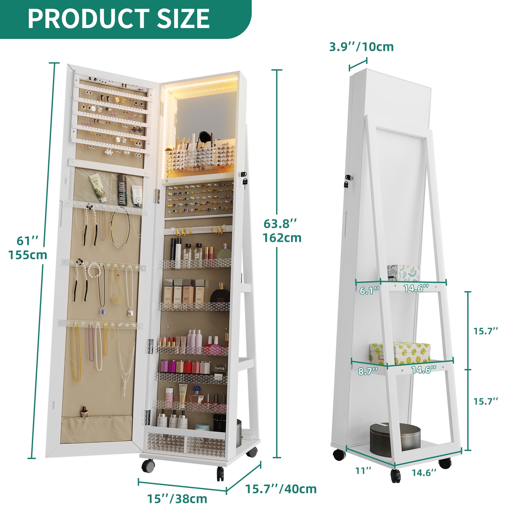 Dextrus 360° Swivel Jewelry Cabinet With Wheels, Lockable Standing Jewelry Armoire with Full-Length Mirror, Rear Storage Shelves, White - Image 2