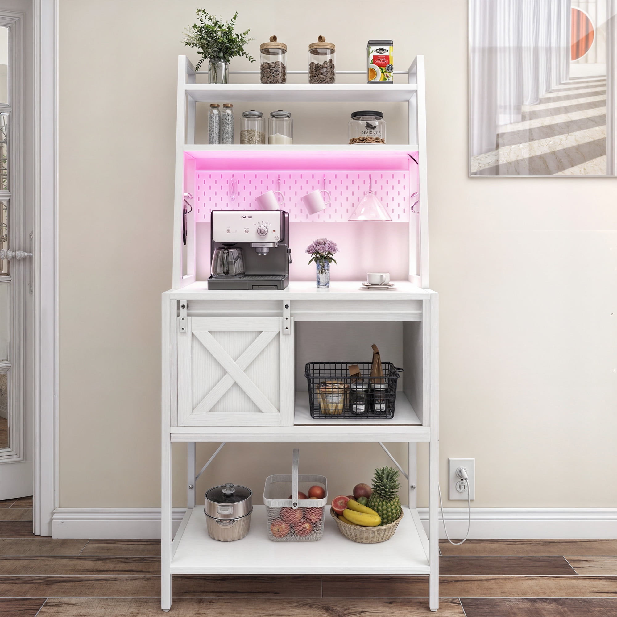 Dextrus Kitchen Baker's Rack with Power Outlet & LED Light, Microwave Stand with Door, White - Image 5