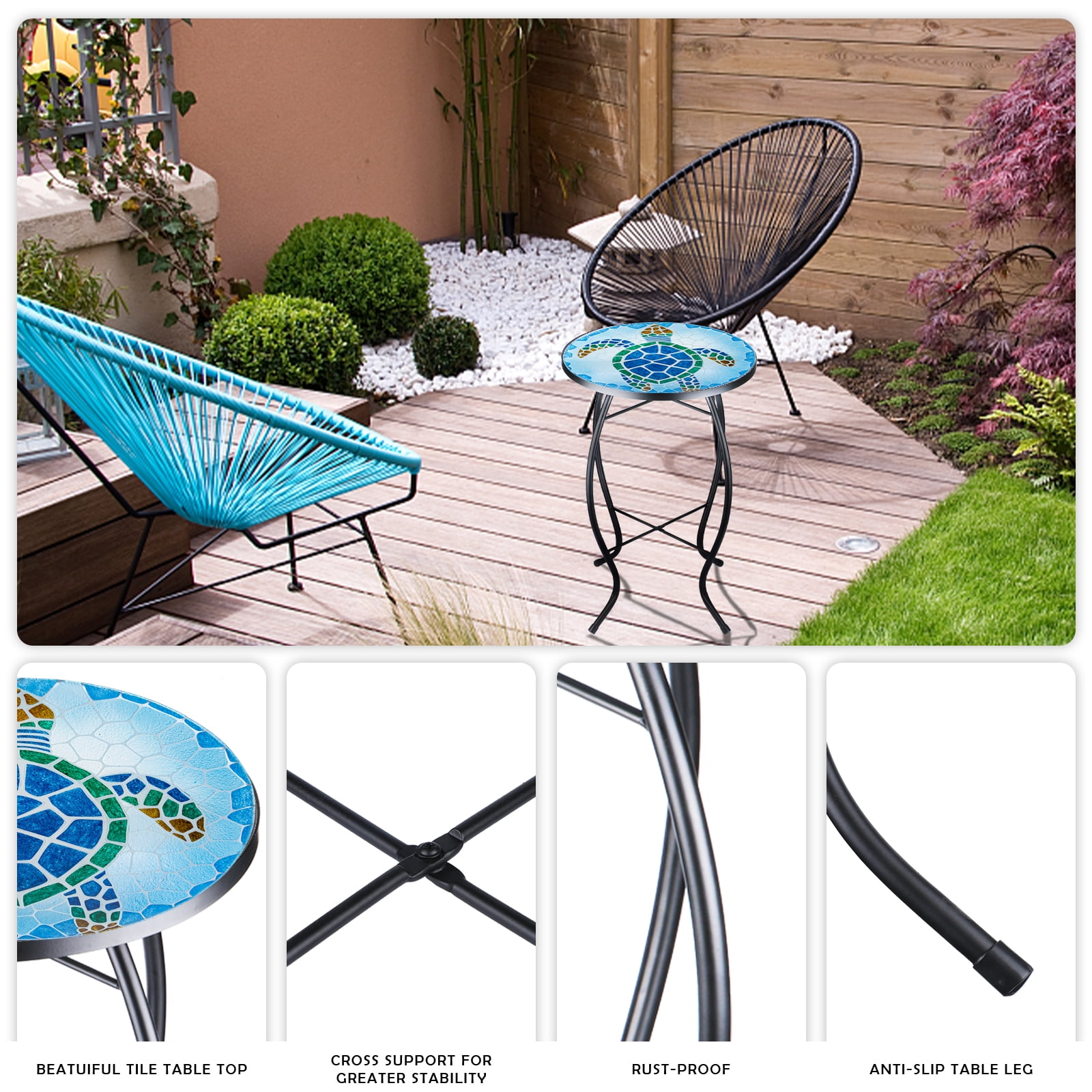 Wonder Garden 21 Inch Table Round Outdoor End Tables for Patio Mosaic Glass Tabletop Coffee Table Plant End Table Small Porch Table Indoor Green and Blue Sea Turtle - Image 3