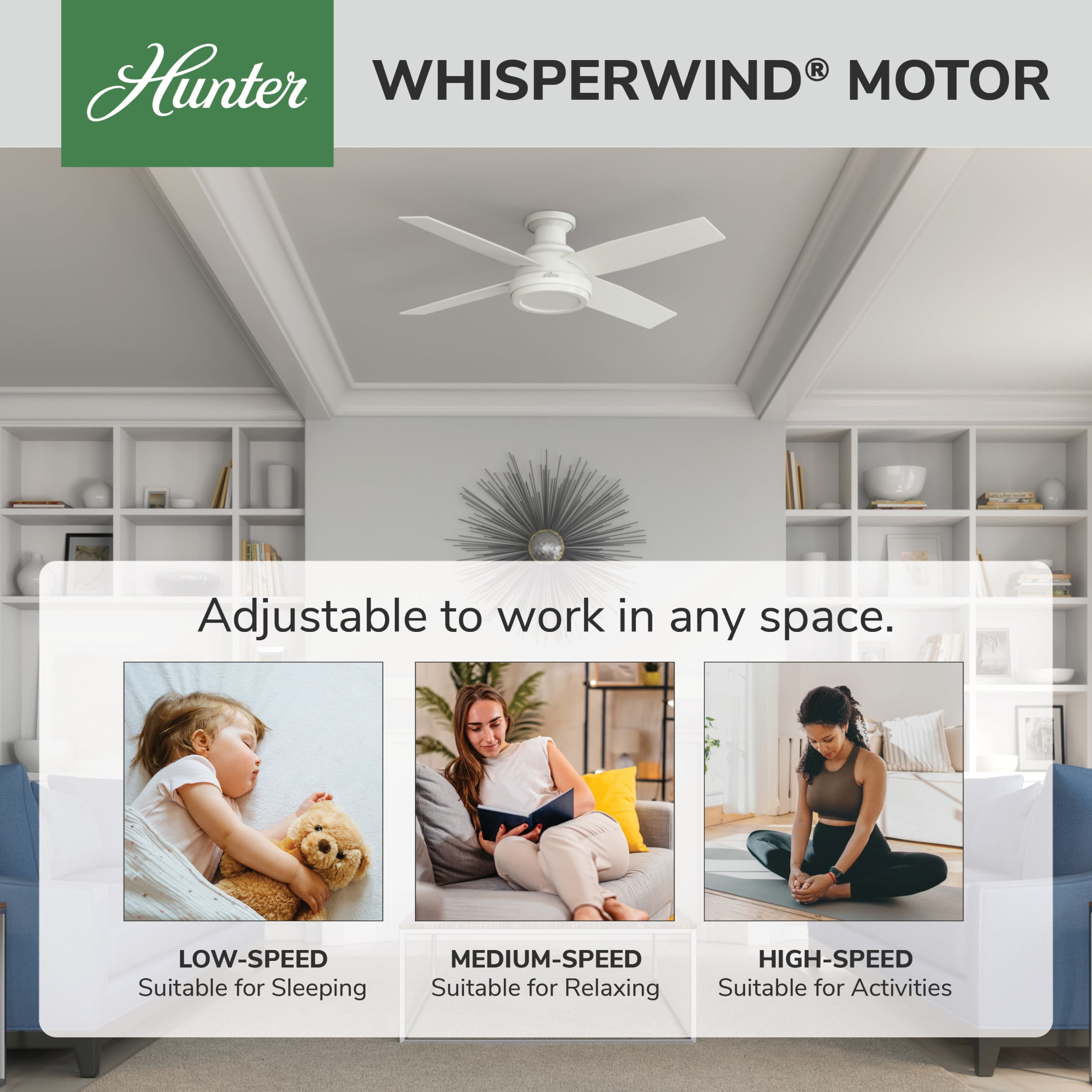 Hunter - Dempsey Indoor Low Profile Ceiling Fan, Remote, 52-inch, Fresh White, Modern-style, 3-speed WhisperWind Motor, 59248, for Living Rooms, Bedrooms - Image 15