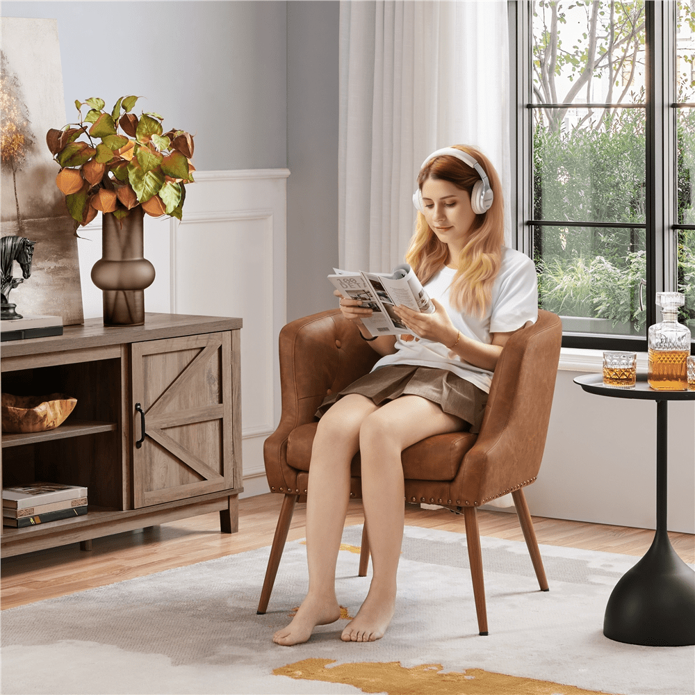 Renwick Modern Button Tufted Faux Leather Barrel Accent Chair,Retro Brown - Image 3