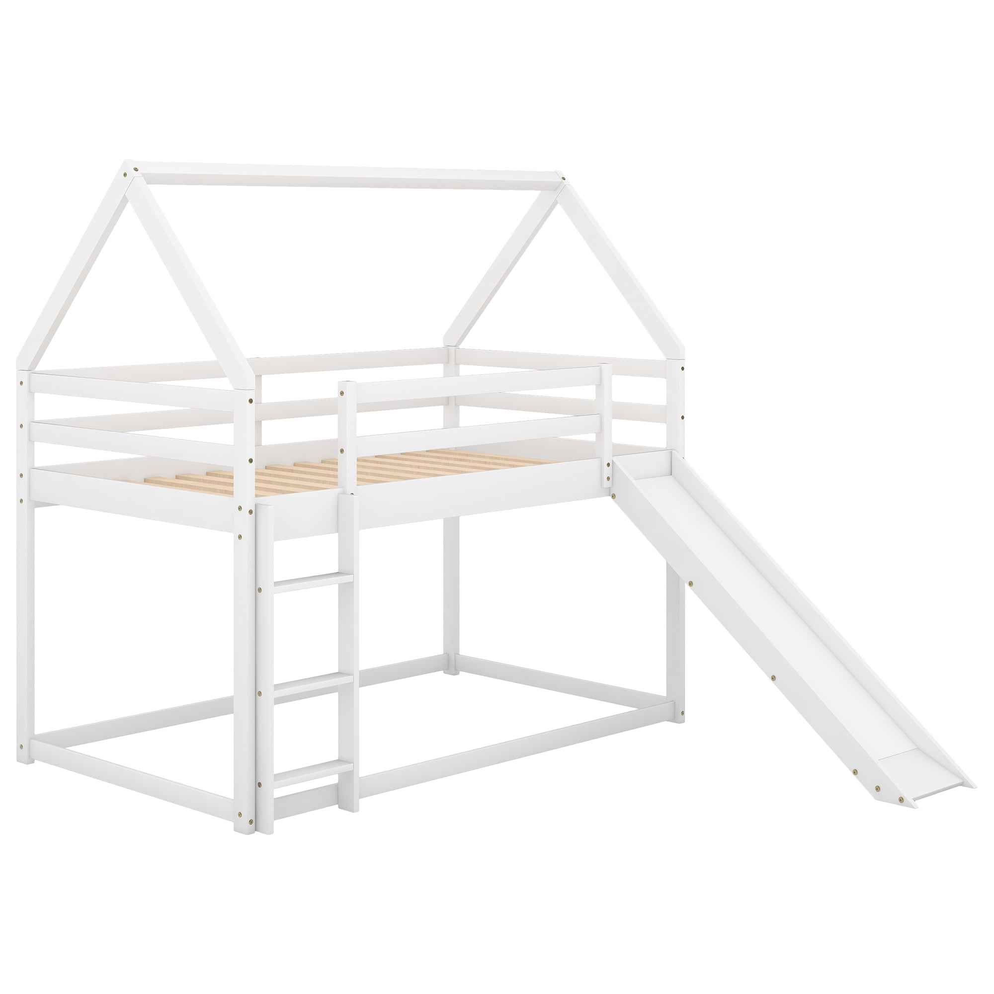 Aukfa Low Bunk Bed, Twin-Over-Twin House Bed Frame for Kids with Slide - White - Image 2