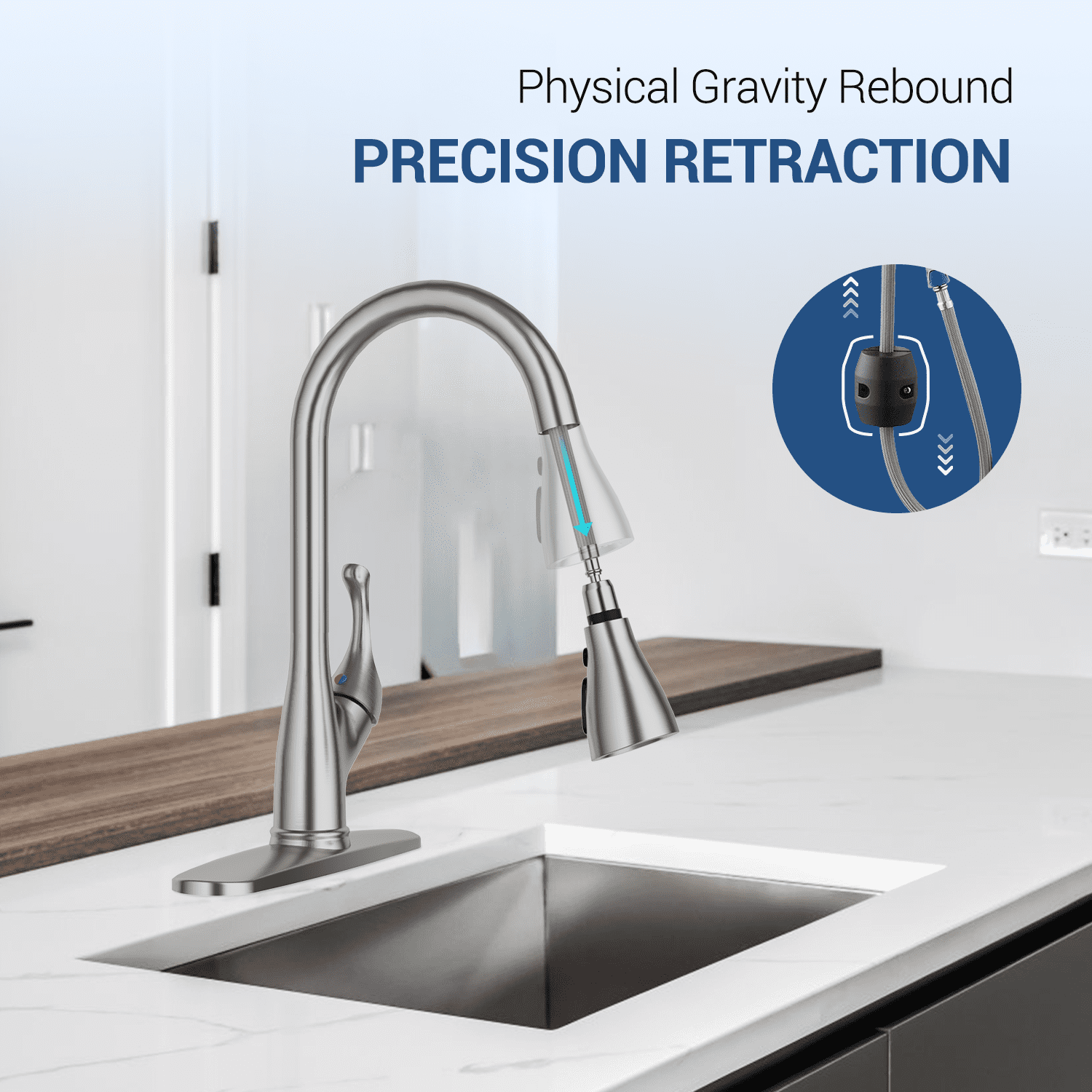 Appaso Pull Down Kitchen Faucet with Sprayer Stainless Steel Brushed Nickel - Single Handle Commercial High Arc Pull Out Spray Head with Deck Plate, Grifos De Cocina - Image 2