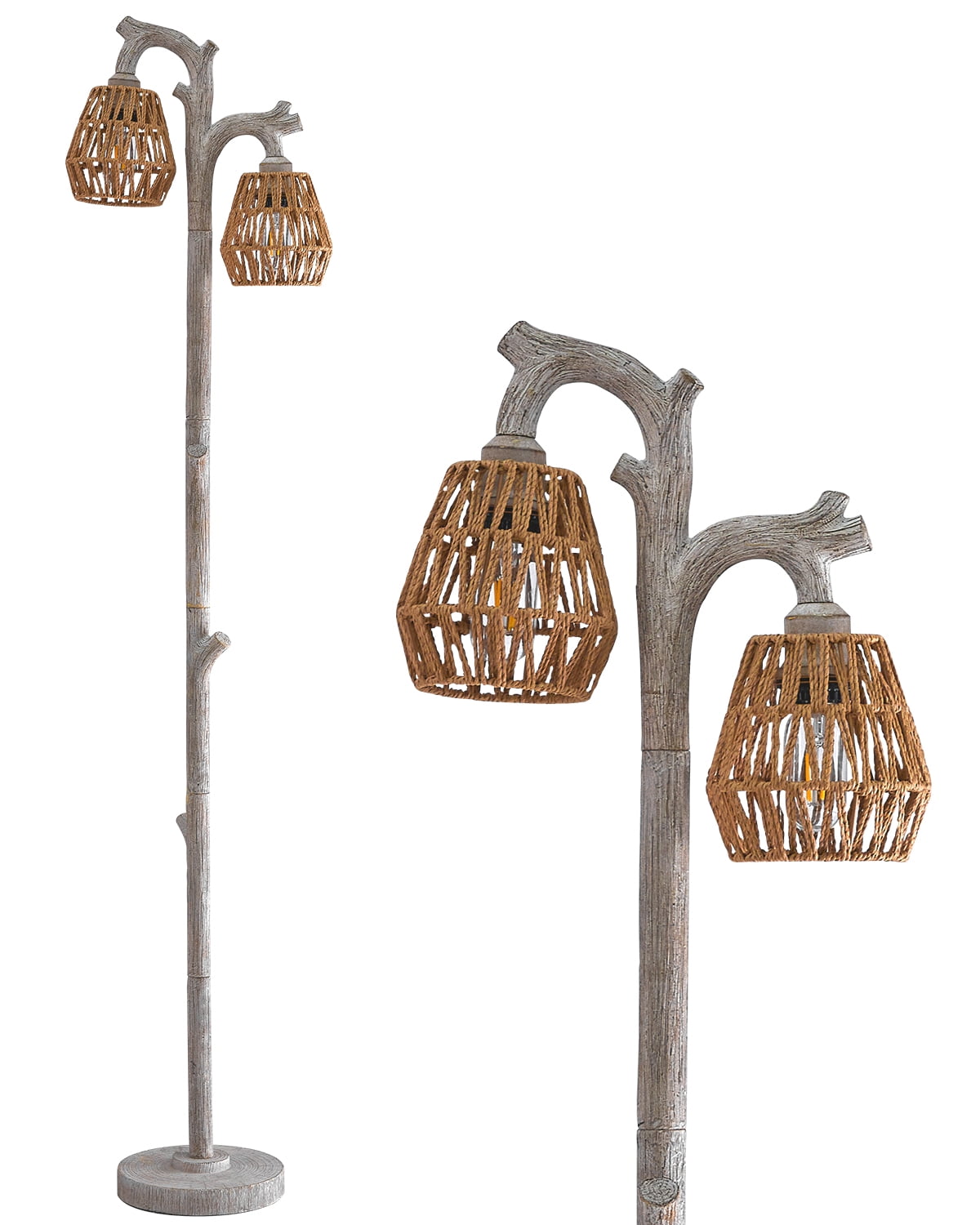 Oneach 62.25" Farmhouse Floor Lamp for Living Room with Rattan Lamp Shade,Retro Tree Trunk Deco Standing Lamp with Double Lamp Head for Bedroom,Office,Decor,Lighting - Image 5