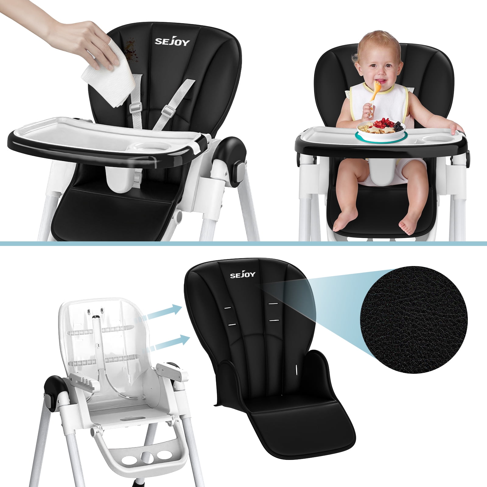 Sejoy 4 Wheels Baby High Chair for Toddlers, Foldable High Chair with Adjustable Seat Heigh, Black - Image 4