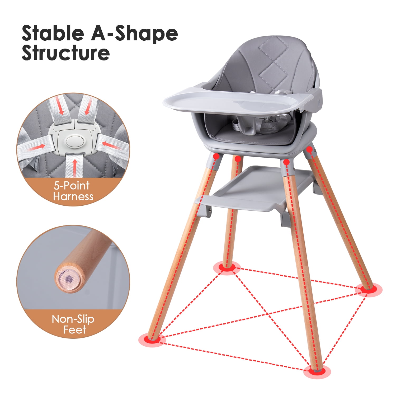 Beberoad Love Baby High Chair, 4 in 1 Wooden Highchair Convertible High Chair Booster Toddler Chair with Double Removable Tray, 5-Point Harness & PU Cushion for Babies Infants Toddlers Grey - Image 5