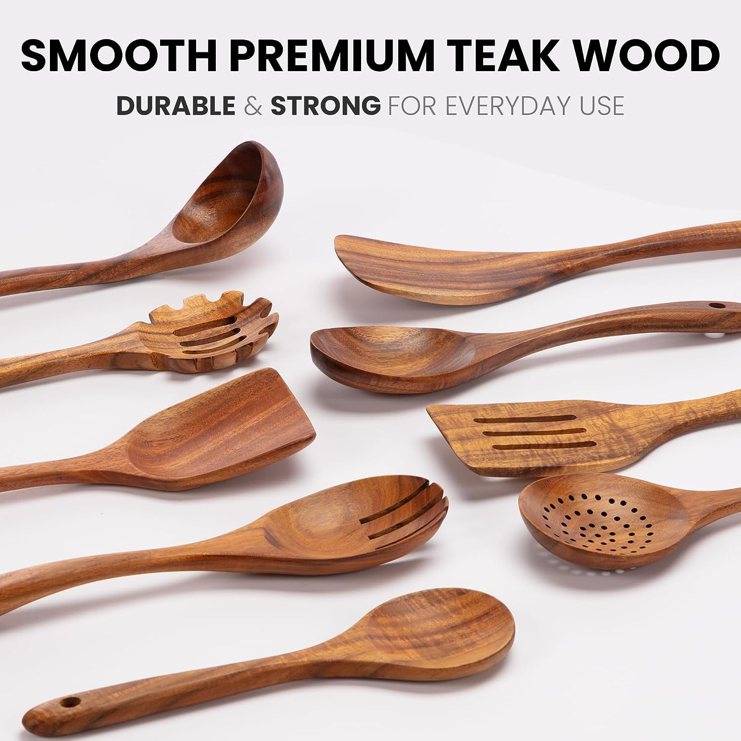 Zulay Kitchen Premium 9 Piece Teak Wooden Utensils - Smooth Finish Natural Teak Wood Cooking Utensil Set with Premium Gift Box - Image 2