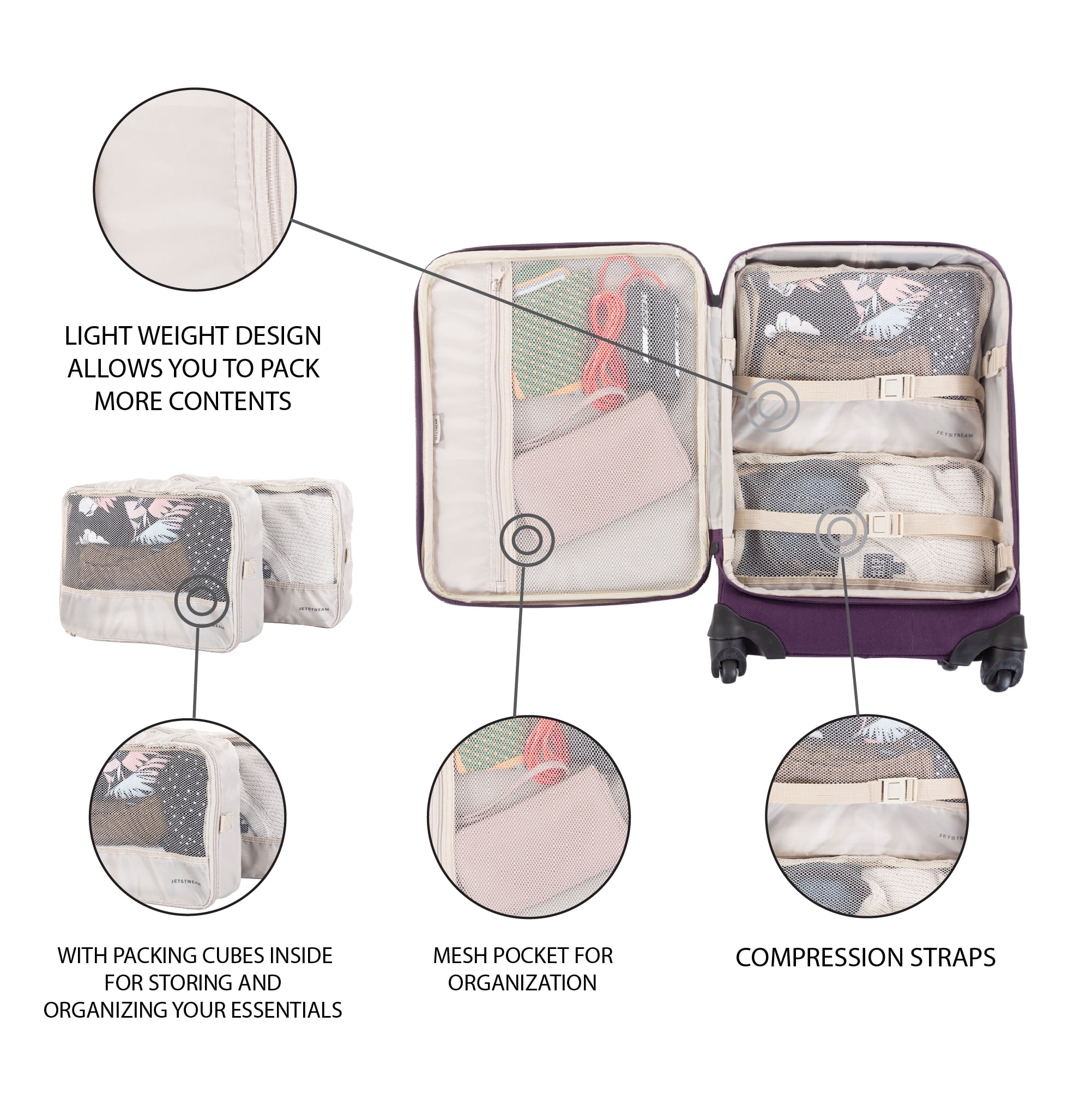 Jetstream 4 Piece Luggage Set with Wheels: 25" Suitcase, Carry On Luggage Bag & 2 Pcs Packing Cubes - Image 7