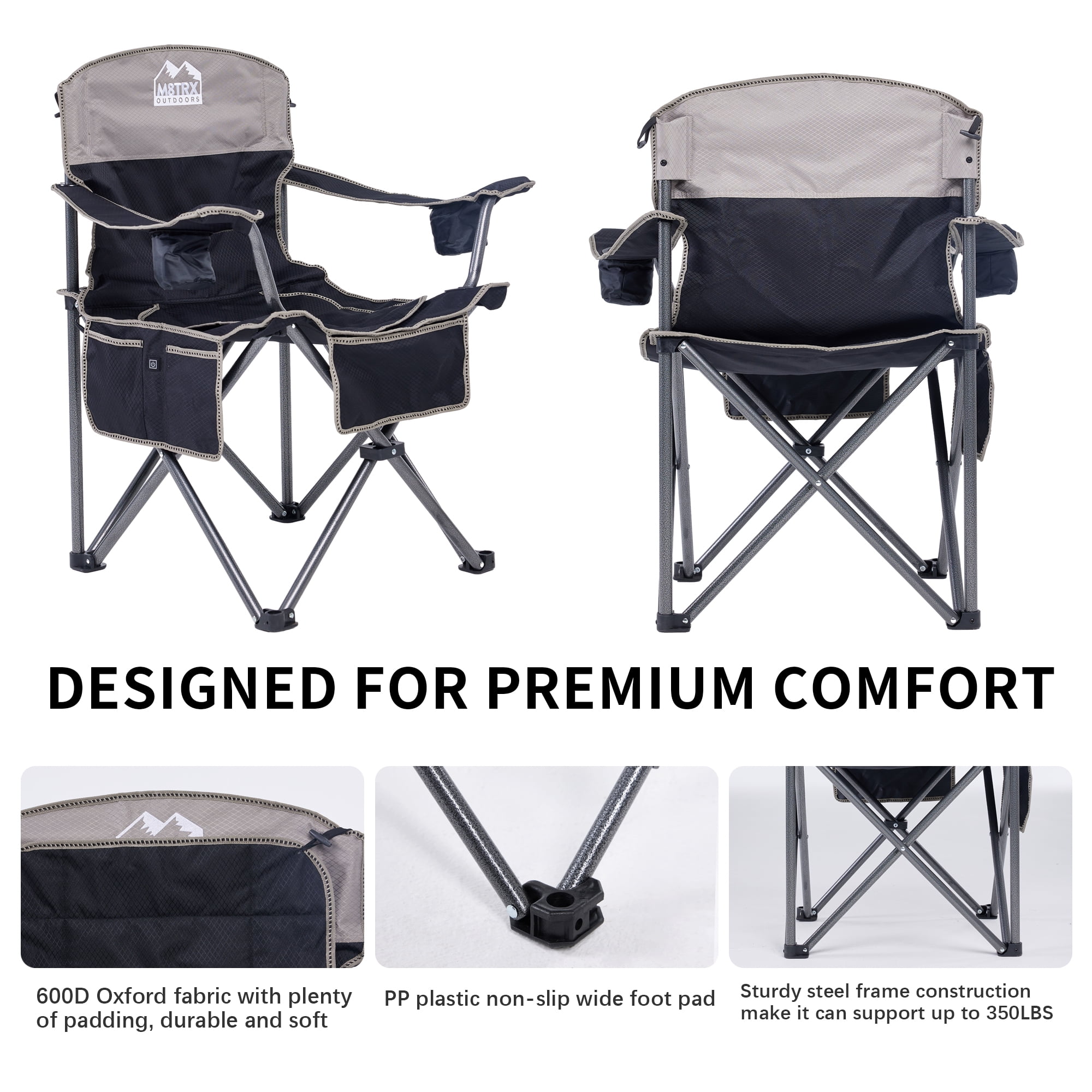 M8TRX Outdoors Heated Camping Chair, Portable Chair w/ 5000mAH Power Bank, 3 Heat Levels, USB Charging Port, Black - Image 5