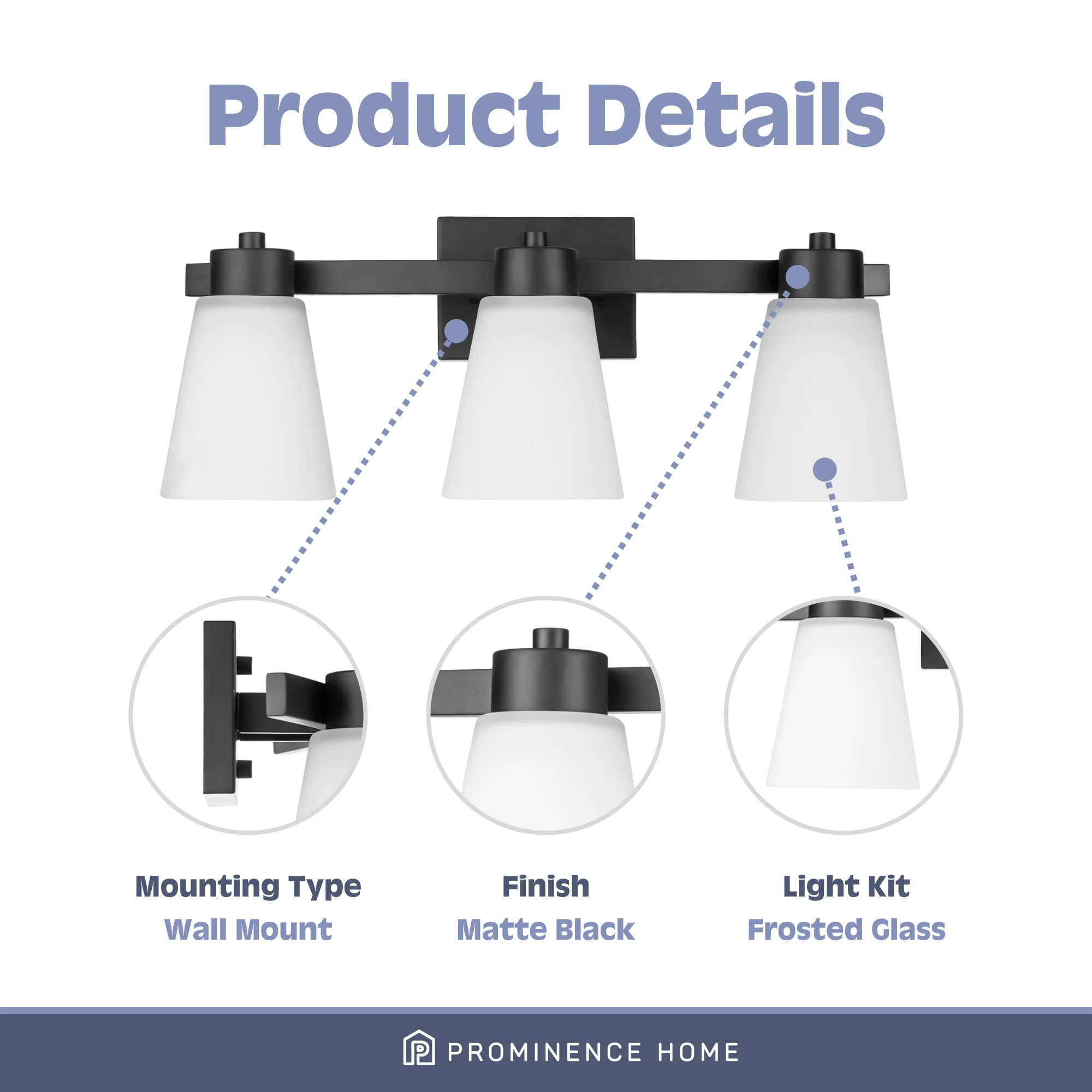 Prominence Home Fairendale 3-Light Matte Black Bathroom Vanity Light with Frosted Glass Shade - Image 7