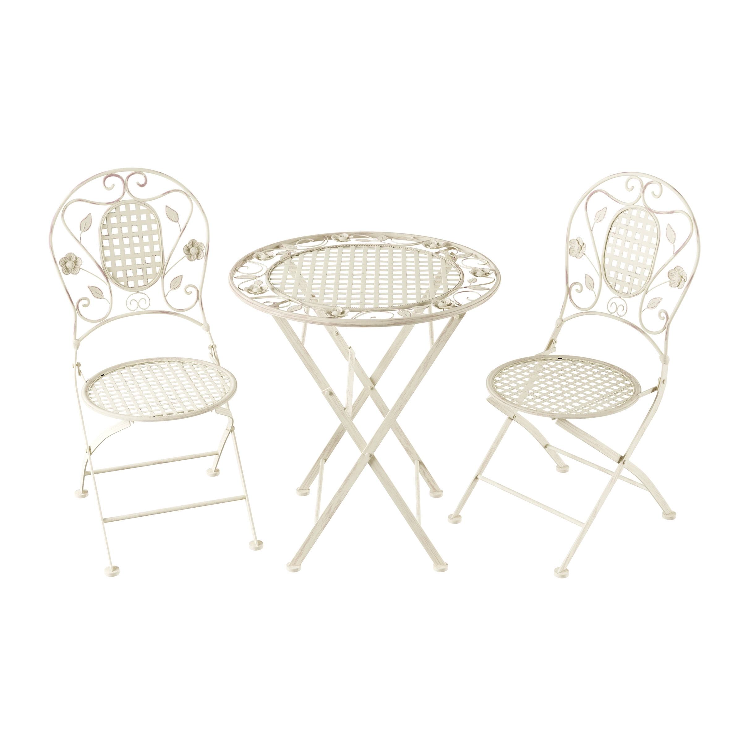 Lavish Home Wrought Iron Folding Bistro Set – 3-Piece Table and Chairs with Lattice & Leaf Design (Antique White) - Image 5