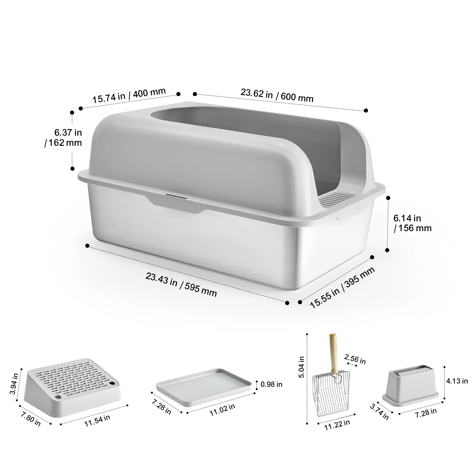 KFFKFF Feline Litter Container, Depth of 6 inches, Oversized Stainless Steel Feline Litter Container with Shovel, Broad Sieve-like Base & Tall Edges, Sealed Smell-Resistant Simple-to-Sanitize - Image 7