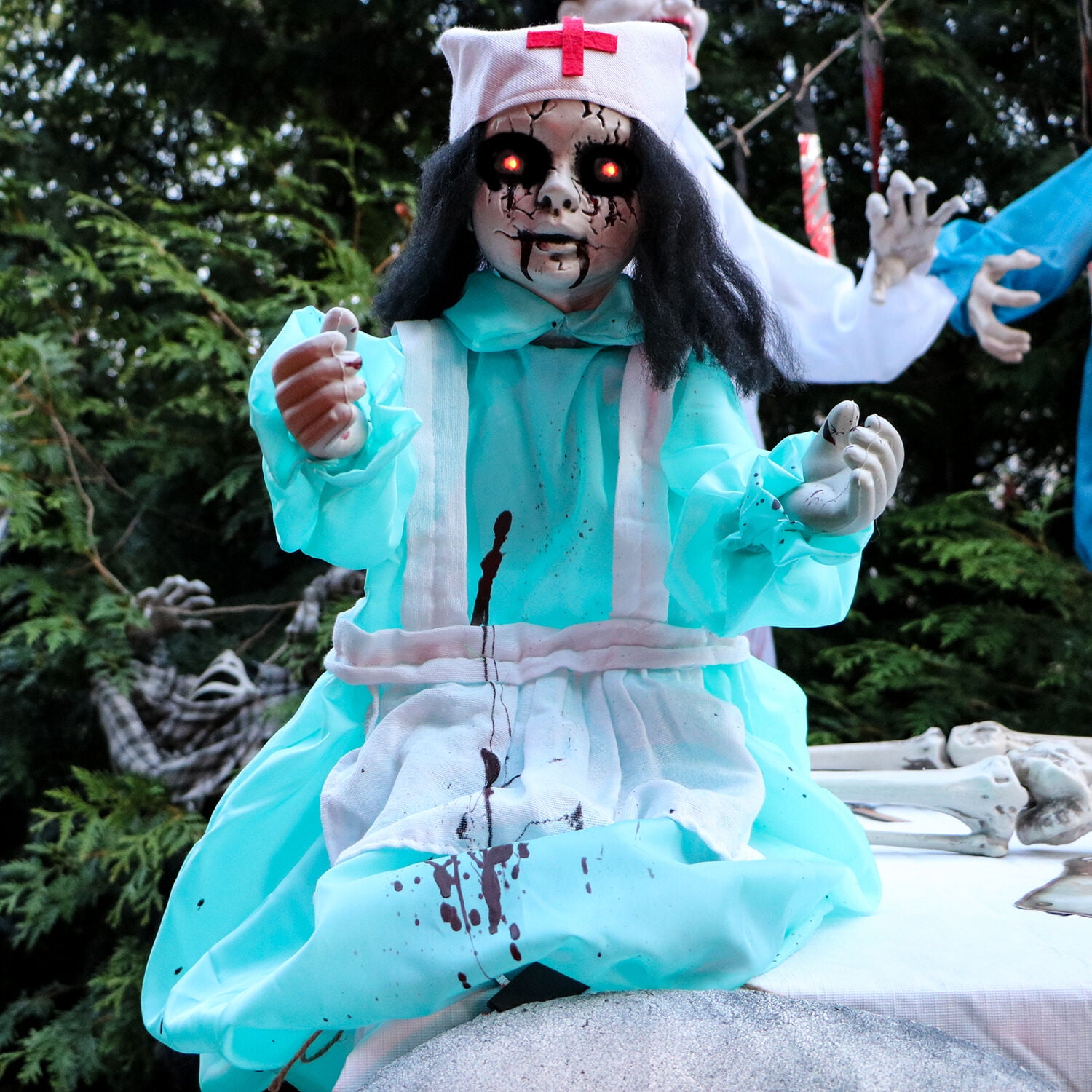 Haunted Hill Farm 1.8 ft Animatronic Nurse Carrie, Halloween Animatronic Outdoor Decoration, HHMNNURS-1FLS - Image 2